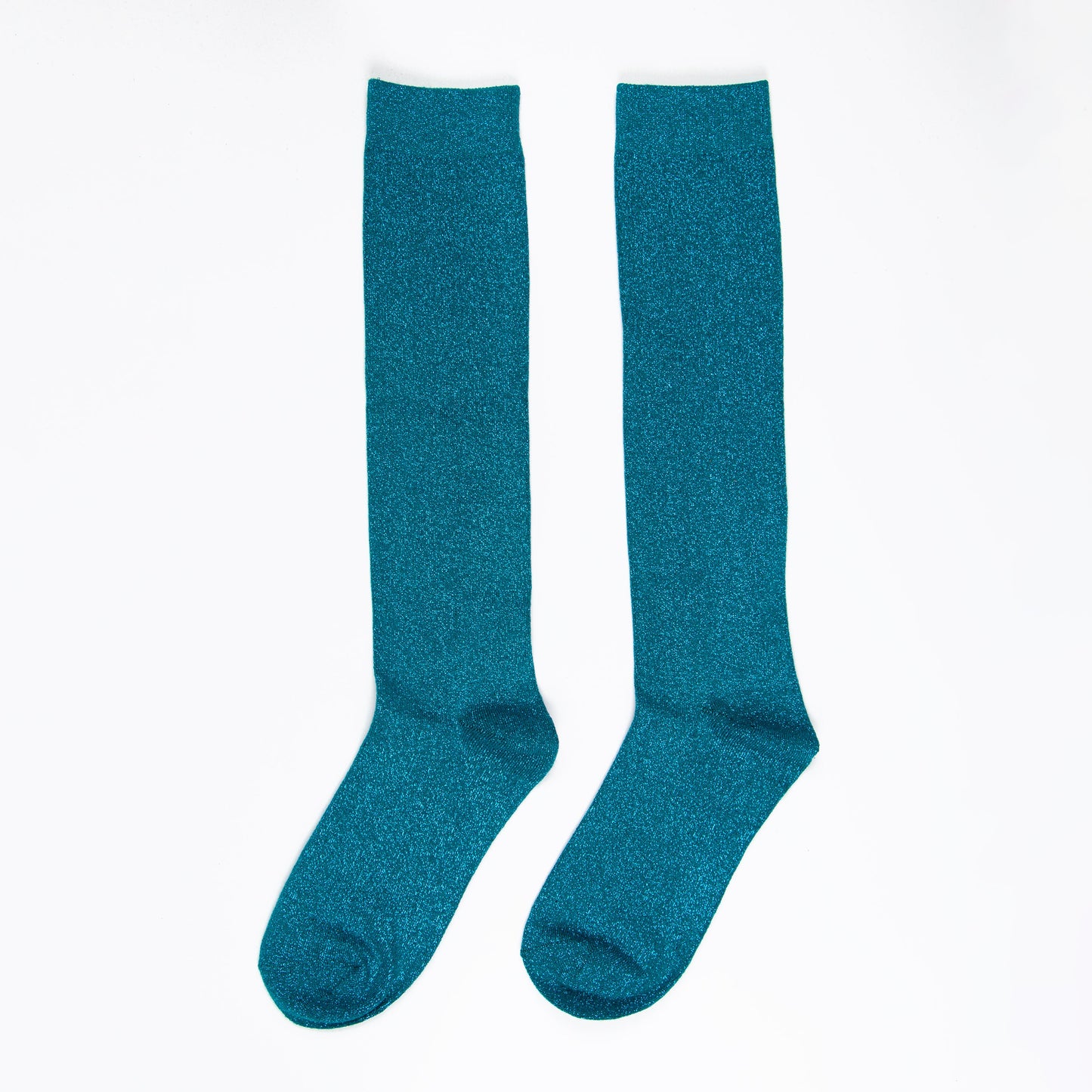 knee length teal glitter socks with an all over sparkle