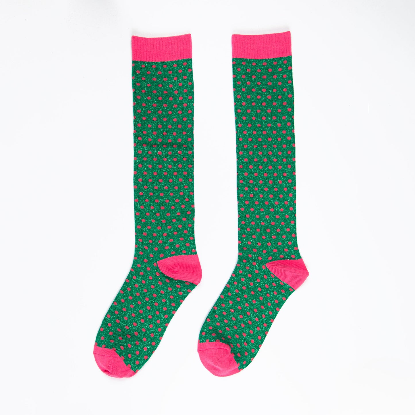 Women's Knee High Glitter Socks - Green/Pink, Small Polka Dots