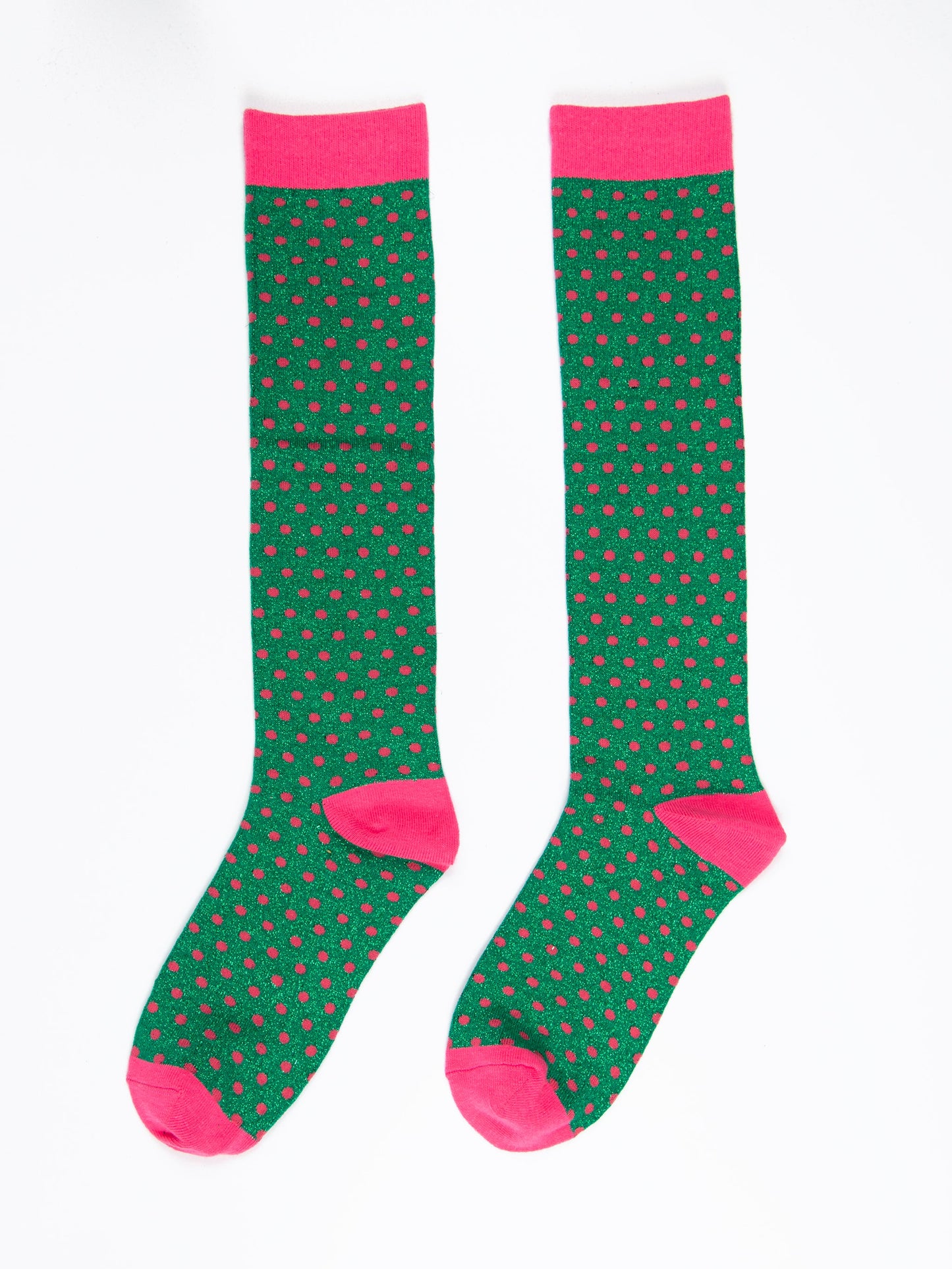 Women's Knee High Glitter Socks - Green/Pink, Small Polka Dots