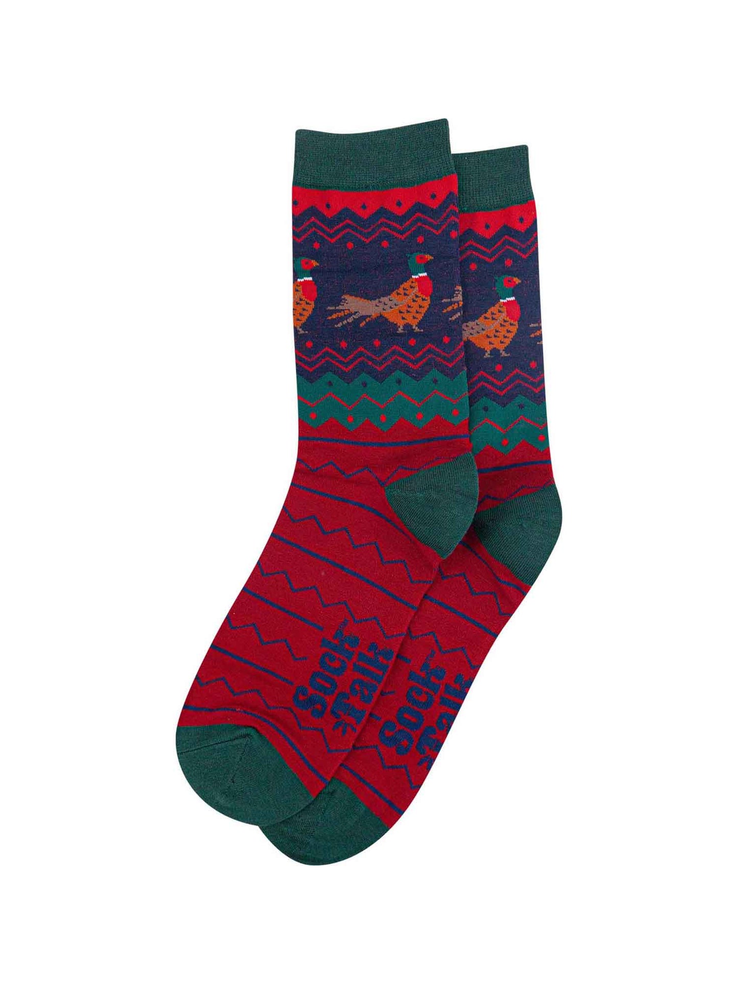 showing the fair isle pheasant socks laying flat, highlighting the all over pattern and the pheasants on the ankles of the socks.