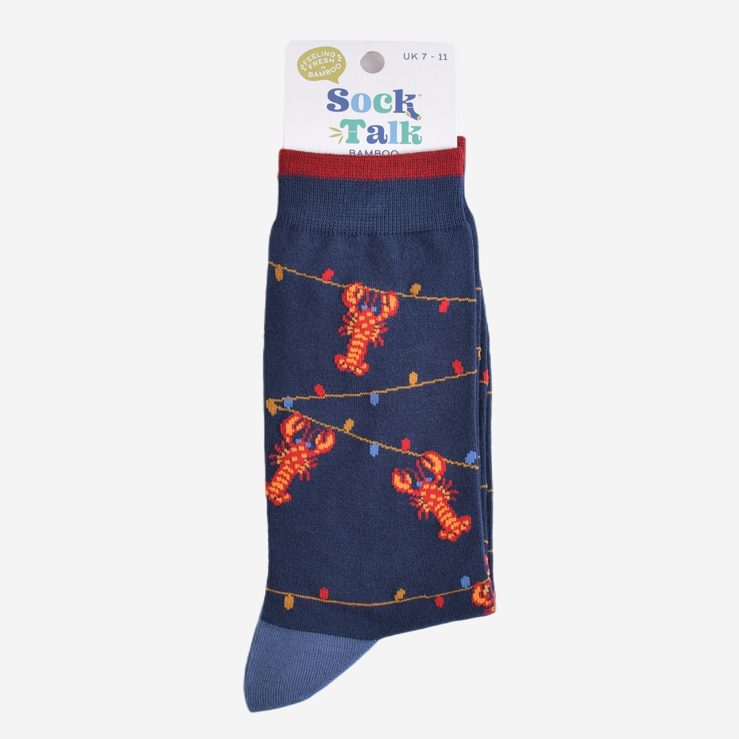 lobster party light bamboo socks in their sock talk packaging, these socks are a uk size 7-11