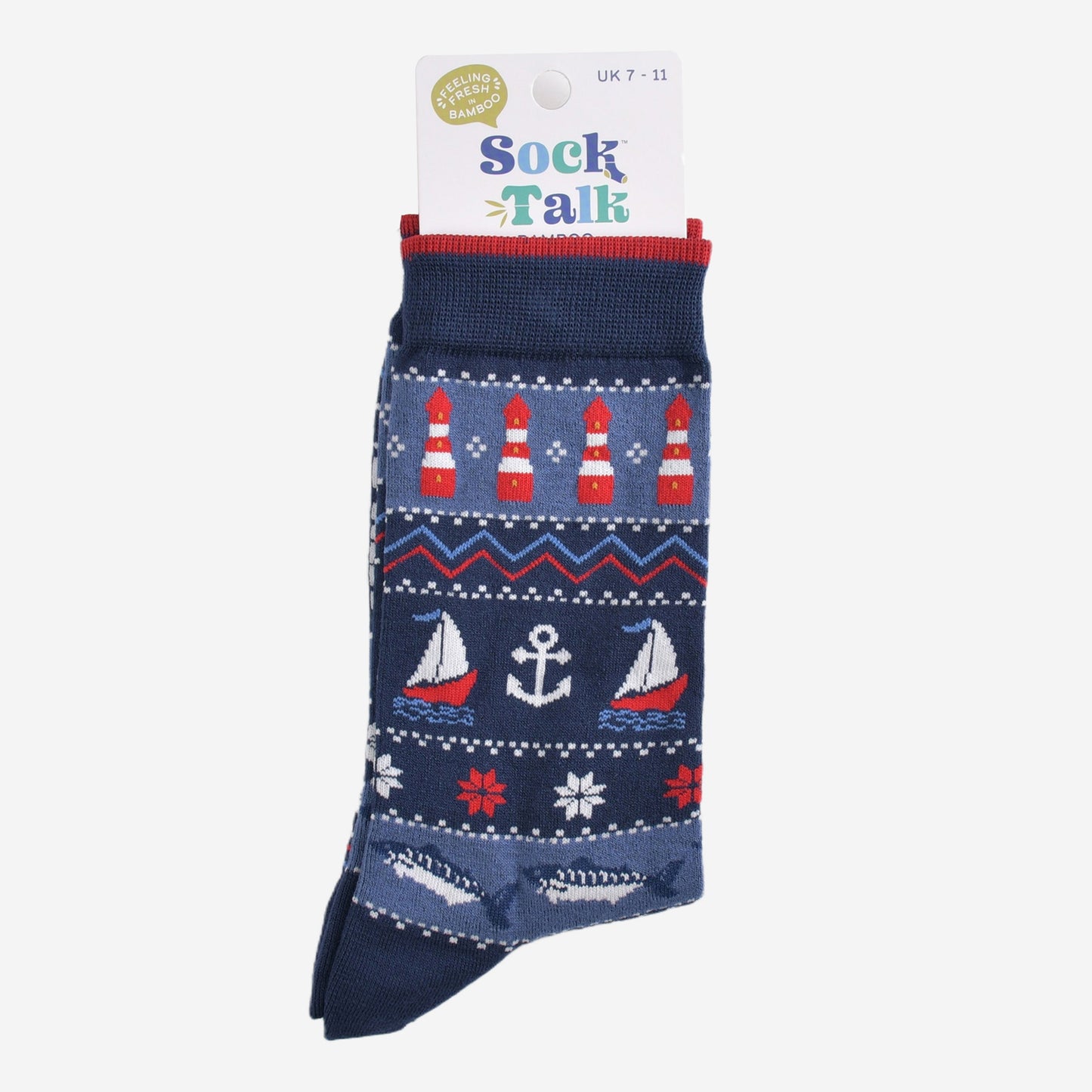 navy blue fair isle nautical socks in their sock talk packaging, the socks are a uk size 7-11