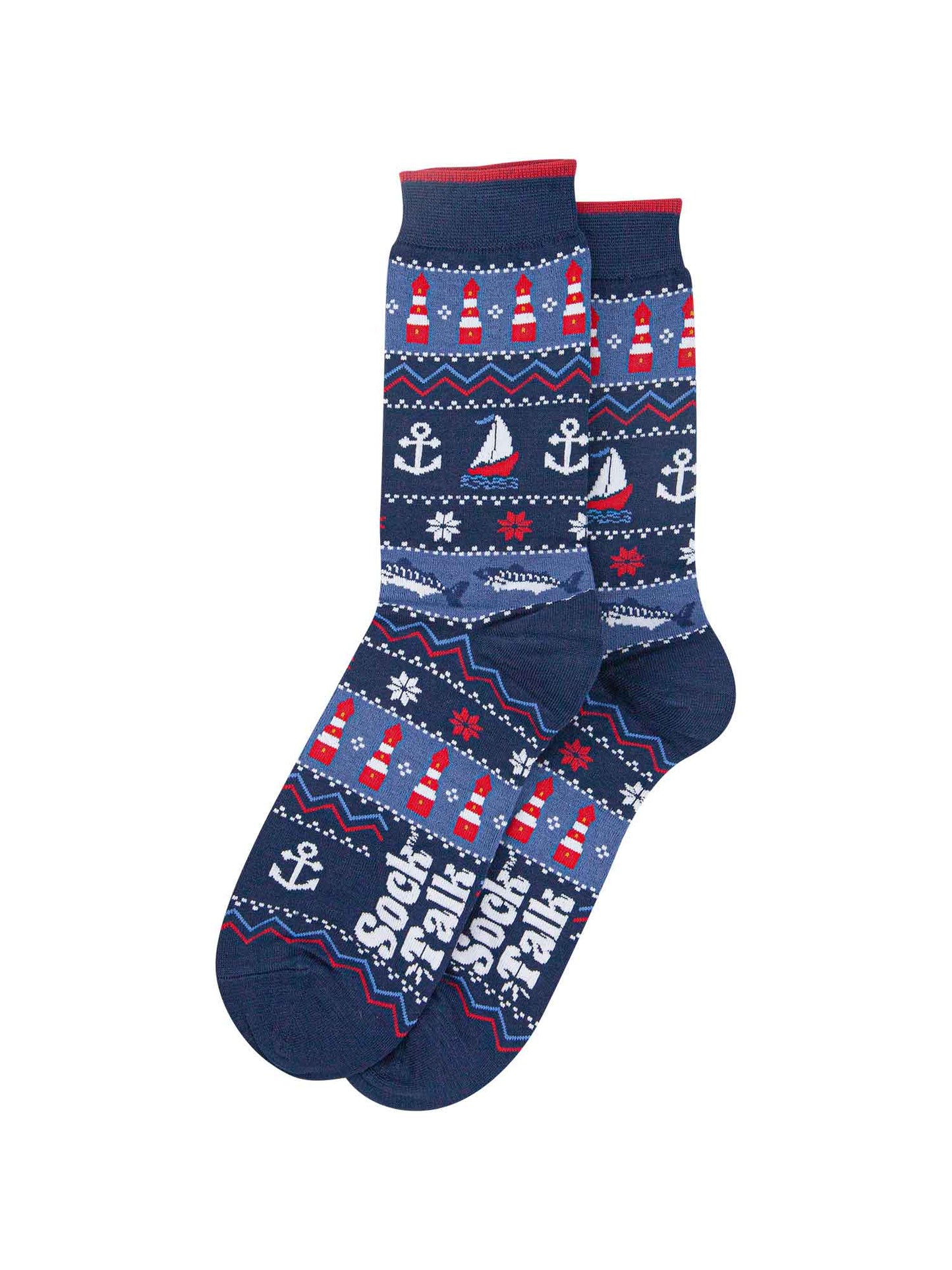 navy blue nautical fair isle socks laying flat, showing the intricate design which includes fish, anchors, boats and lighthouses