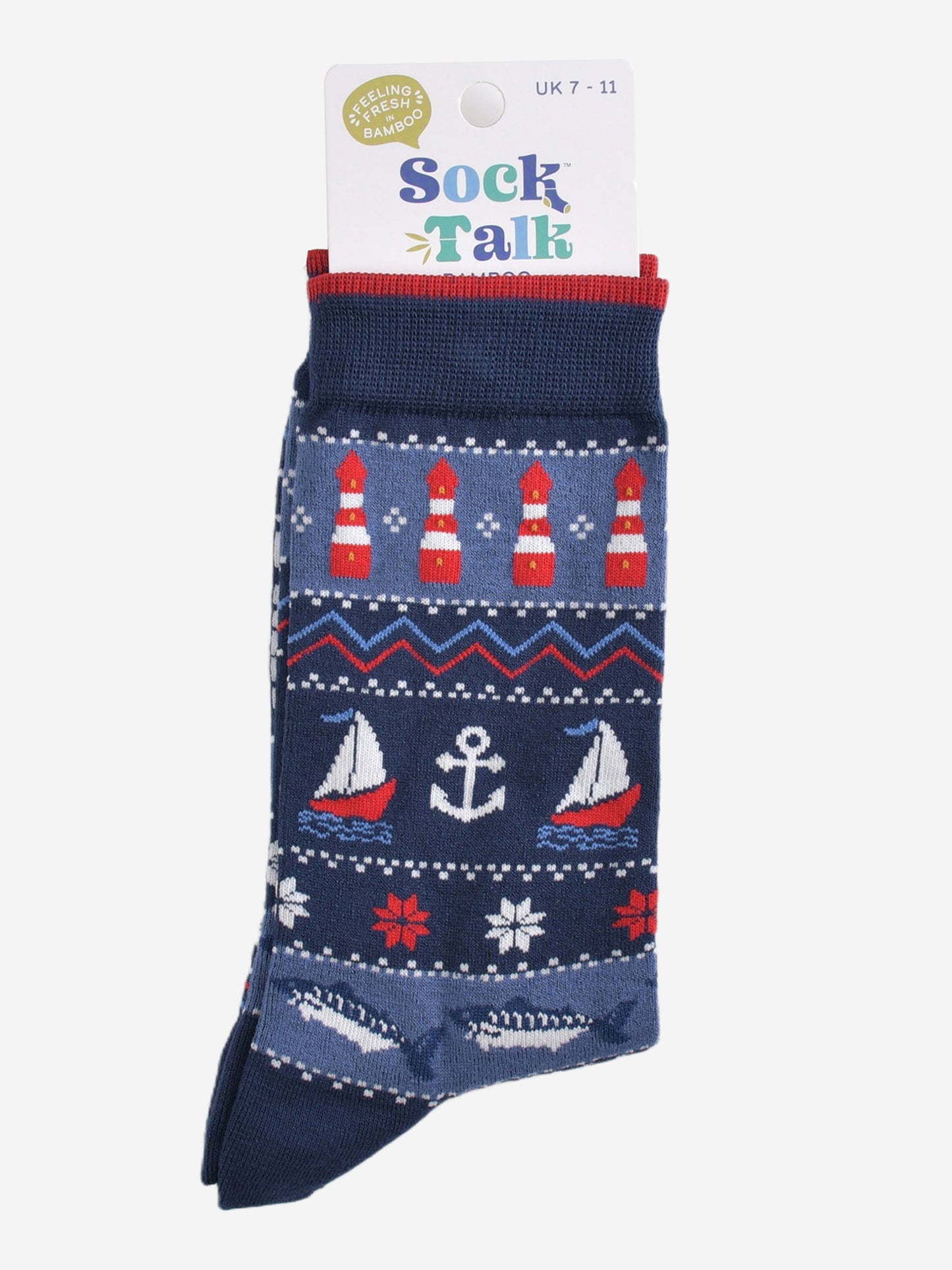 navy blue fair isle nautical socks in their sock talk packaging, the socks are a uk size 7-11