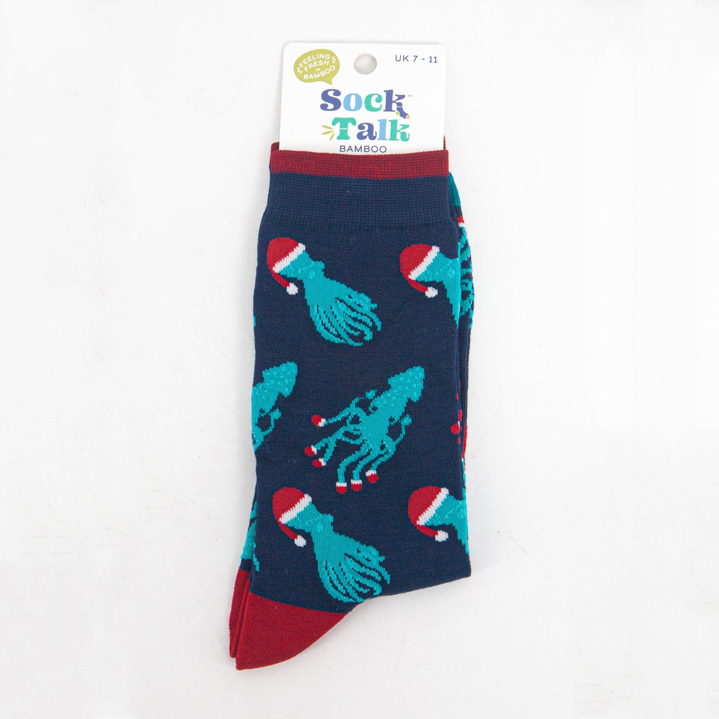 christmas octopus and squid bamboo socks in their sock talk packaging, these socks are a uk size 7-11