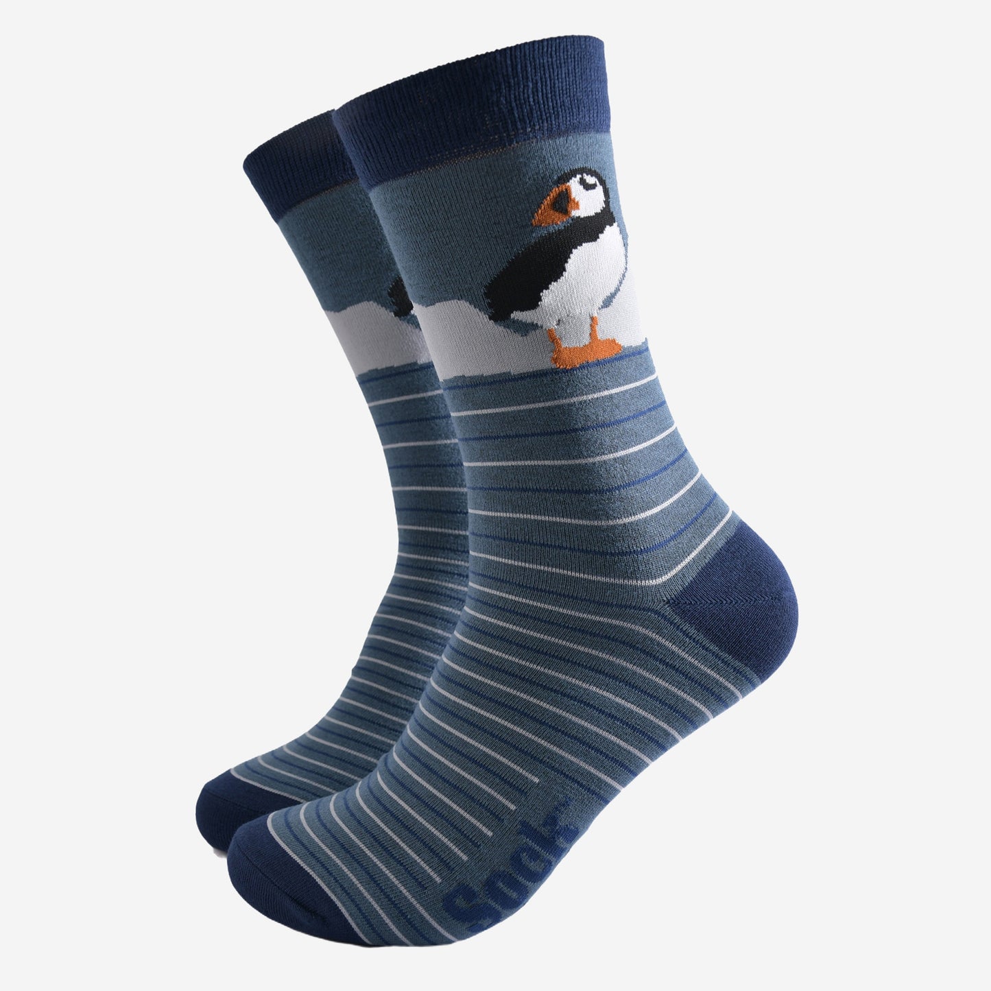 teal striped bamboo socks with navy blue heel, toe and cuff with a large puffin bird on the ankle of the socks