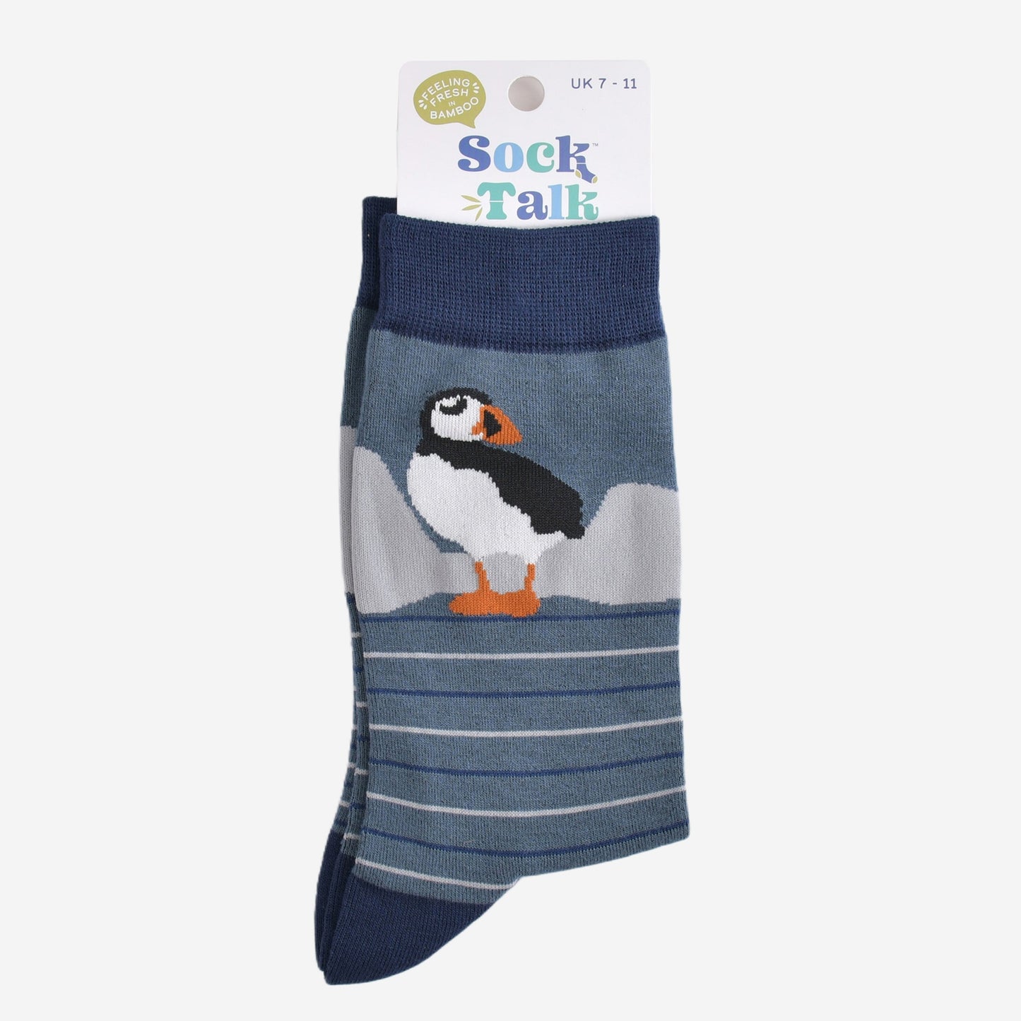 striped puffin bamboo socks in their sock talk packaging, these socks are a uk size 7-11