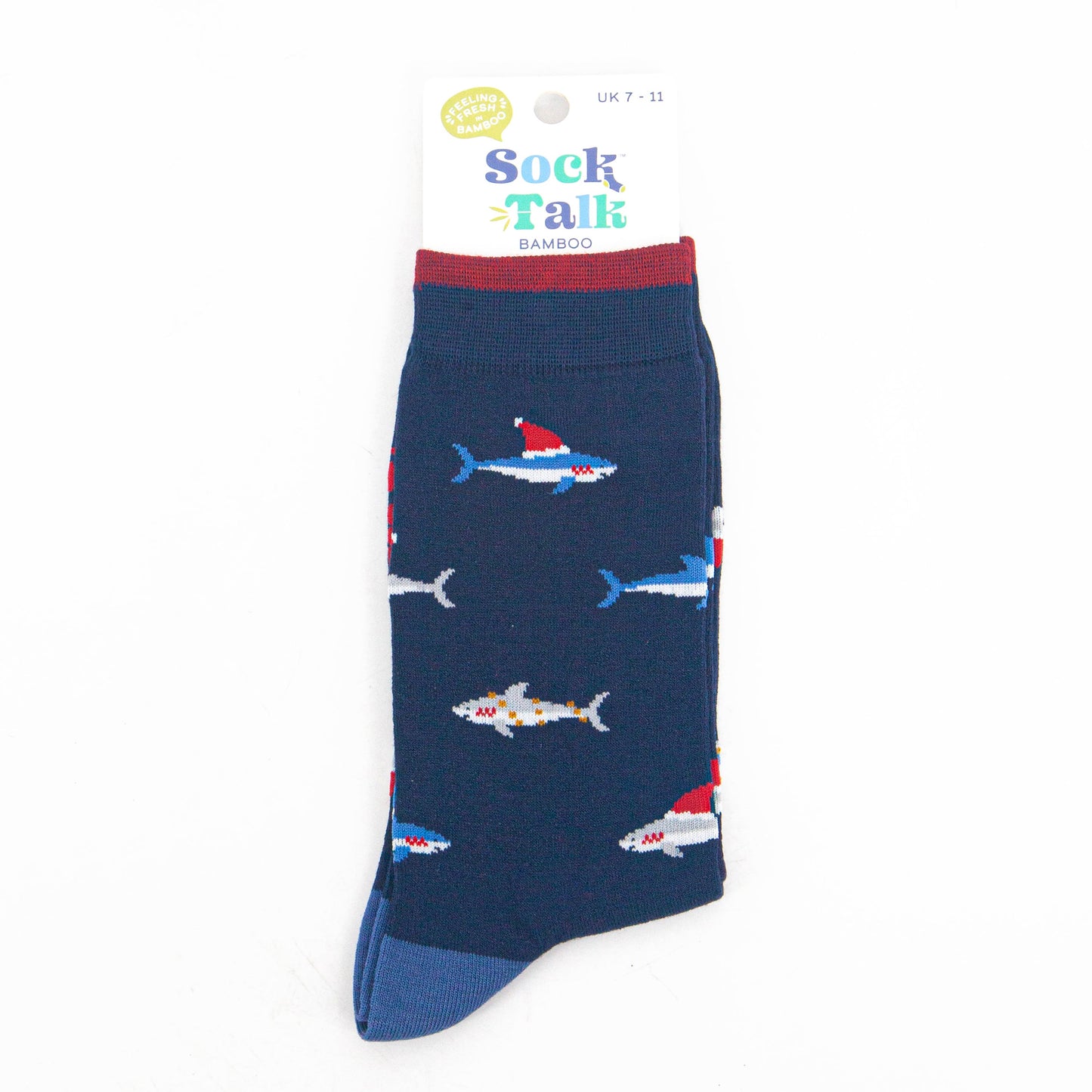 christmas shark bamboo socks in their sock talk packaging, these socks are a uk size 7-11