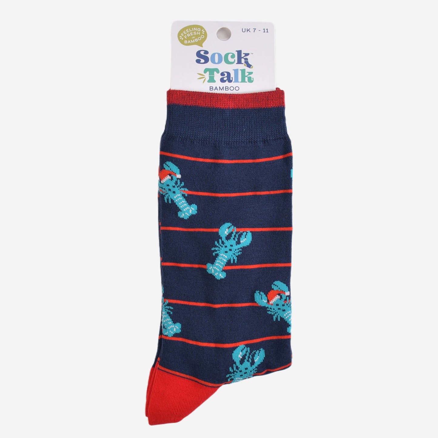 blue lobster santa hat bamboo socks in their sock talk packaging, the socks are a uk size 7-11
