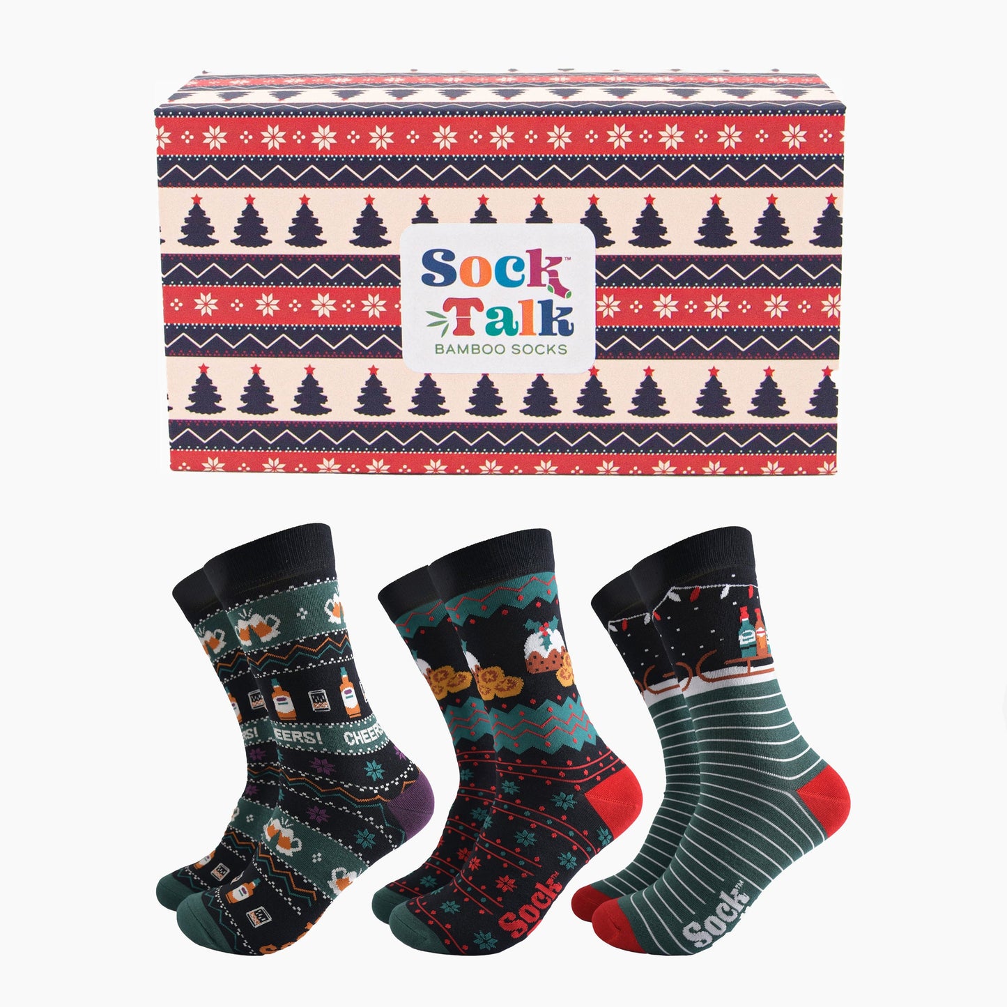 fair isle style gift box in red, blue and cream featuring snowflakes, and xmas trees with three pairs of festive treat themed bamboo socks