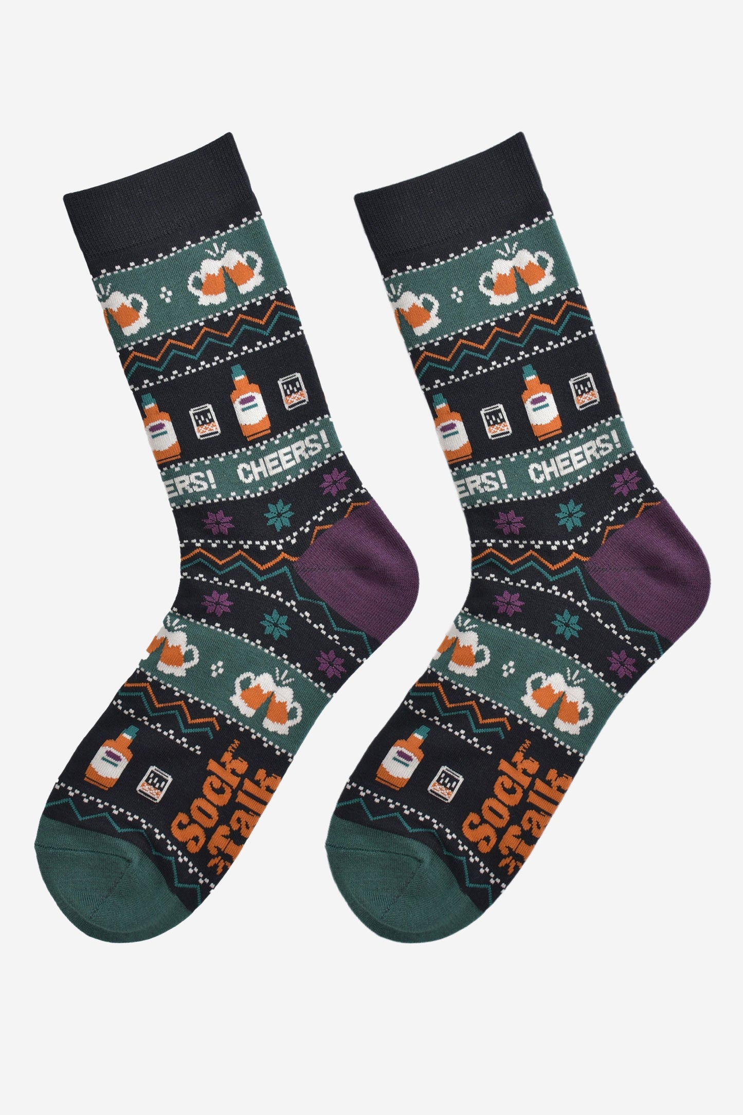 Men's Bamboo Crew Socks Christmas Cracker Gift Box - Black/Green, Party Drinks Fair Isle