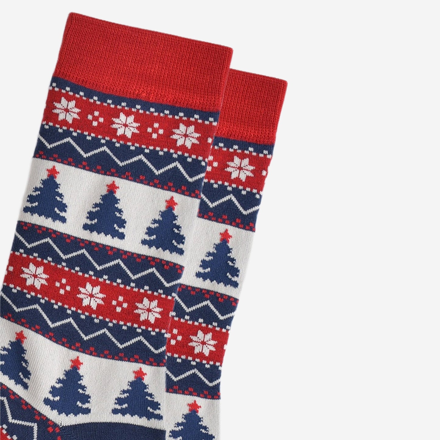 close up of the christmas tree fair isle pattern, showing in detail the intricate design in red, white and navy blue
