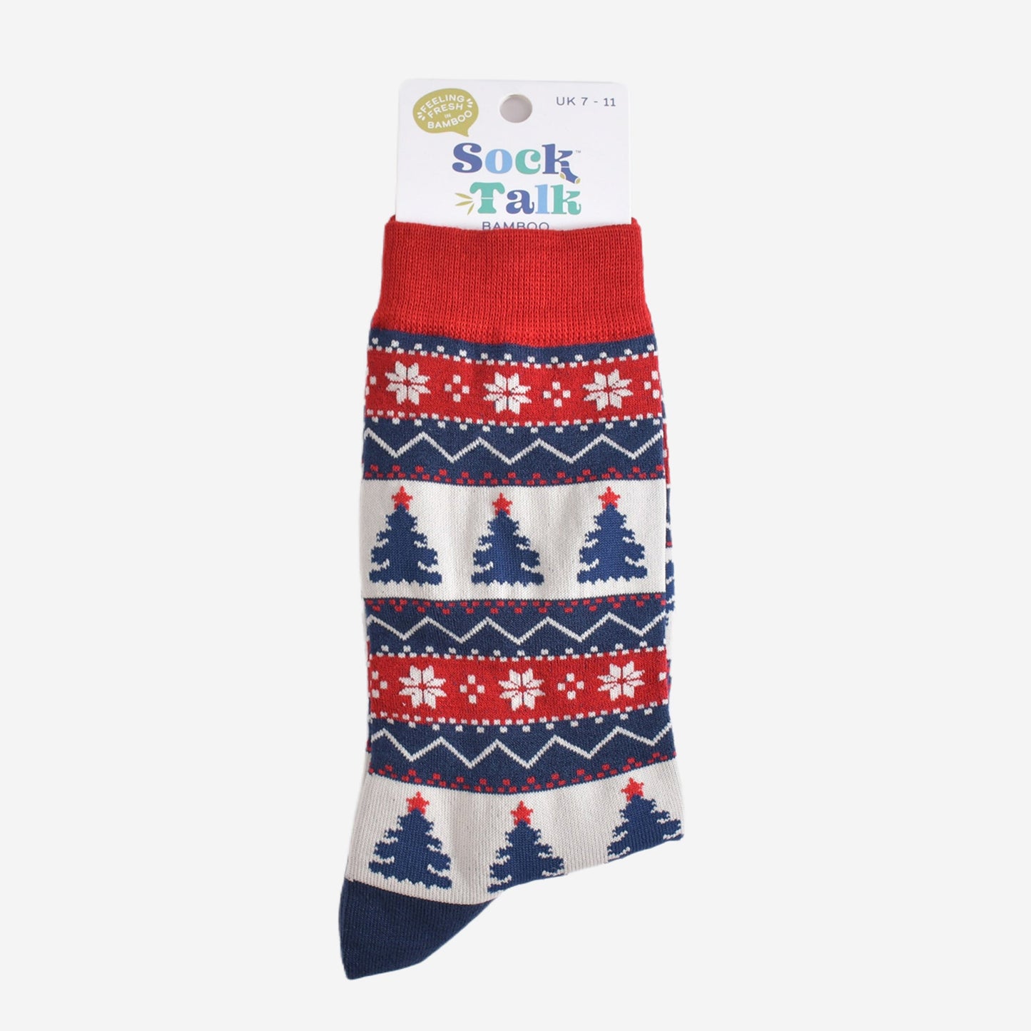 fair isle christmas tree bamboo socks in their sock talk packaging, these socks are a uk size 7-11