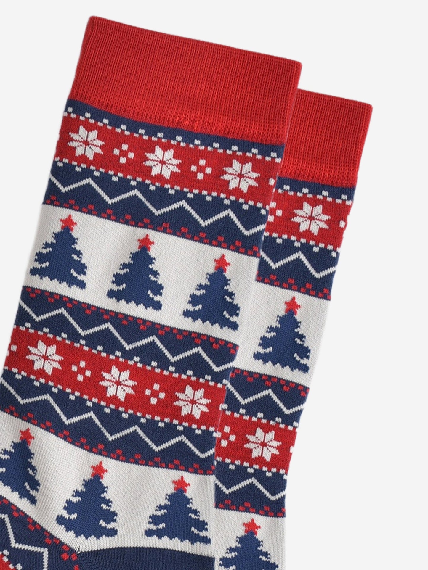 close up of the christmas tree fair isle pattern, showing in detail the intricate design in red, white and navy blue
