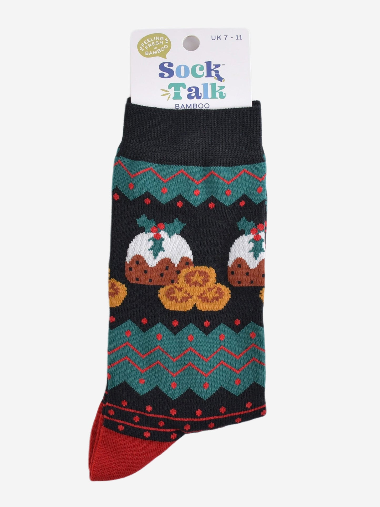 fair isle christmas pudding socks in their sock talk packaging, the socks are a uk size 7-11
