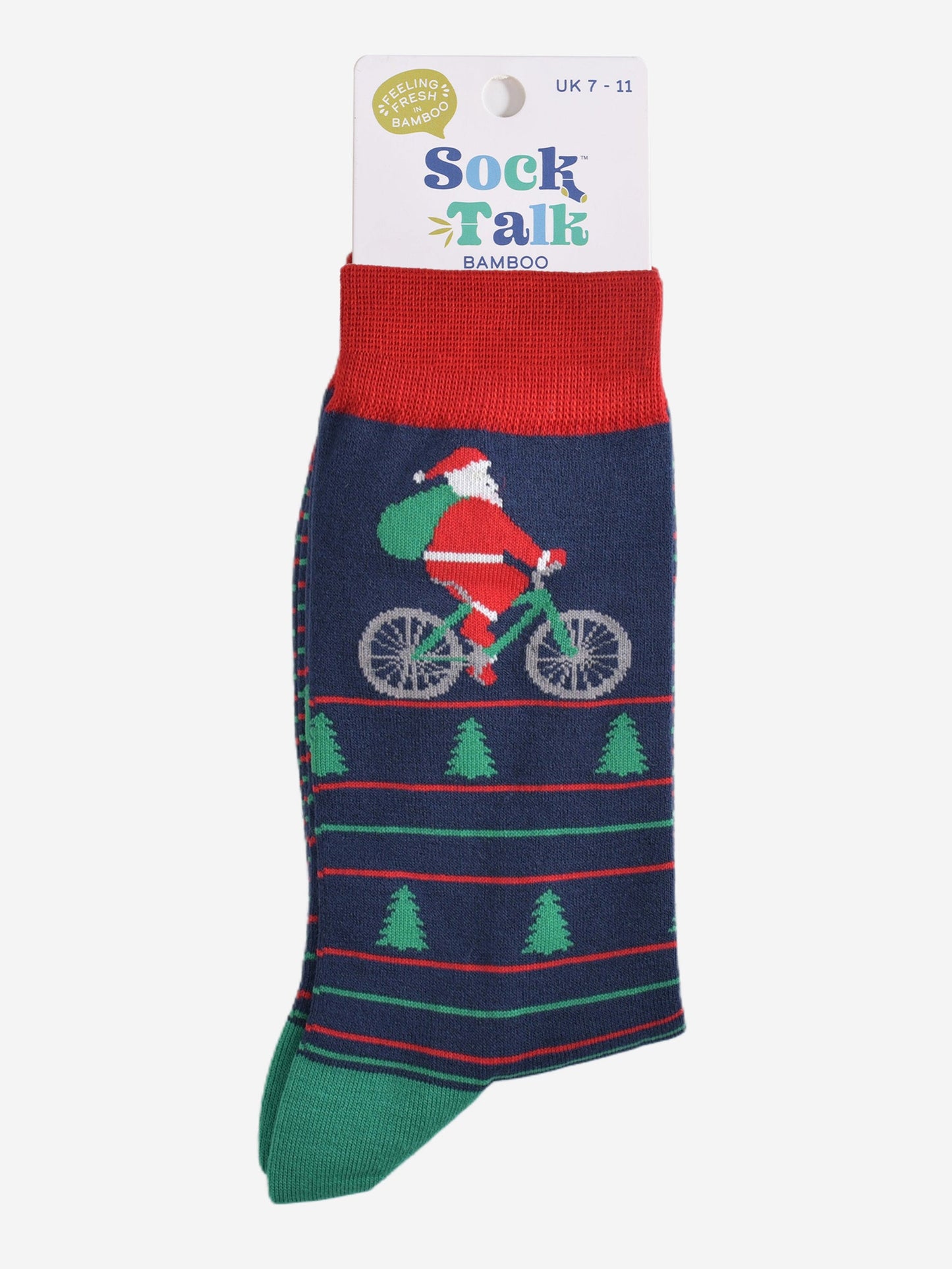 cycling santa claus bamboo socks in their sock talk packaging, these socks are a uk size 7-11