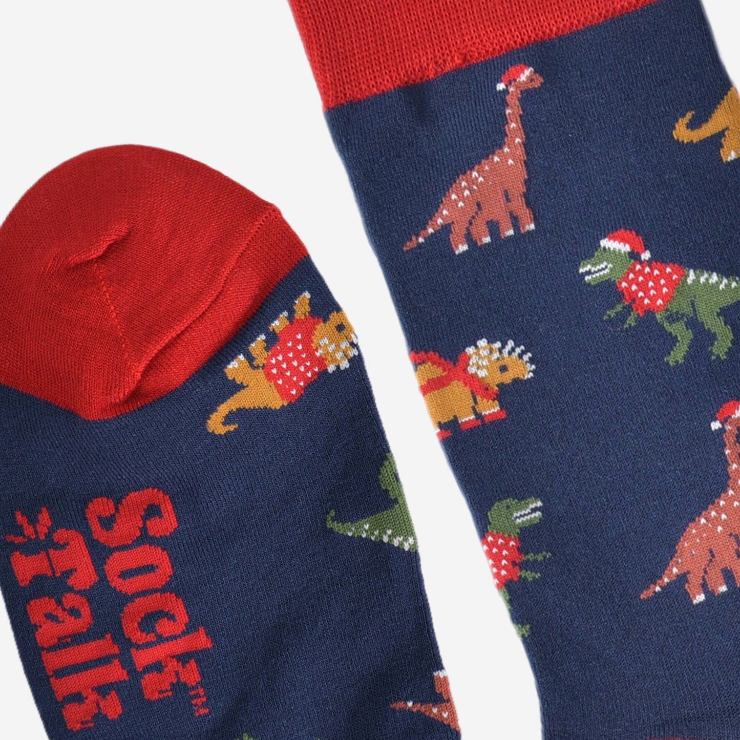 close up of the toe and cuff which are red and in contrast to the navy blue of the socks