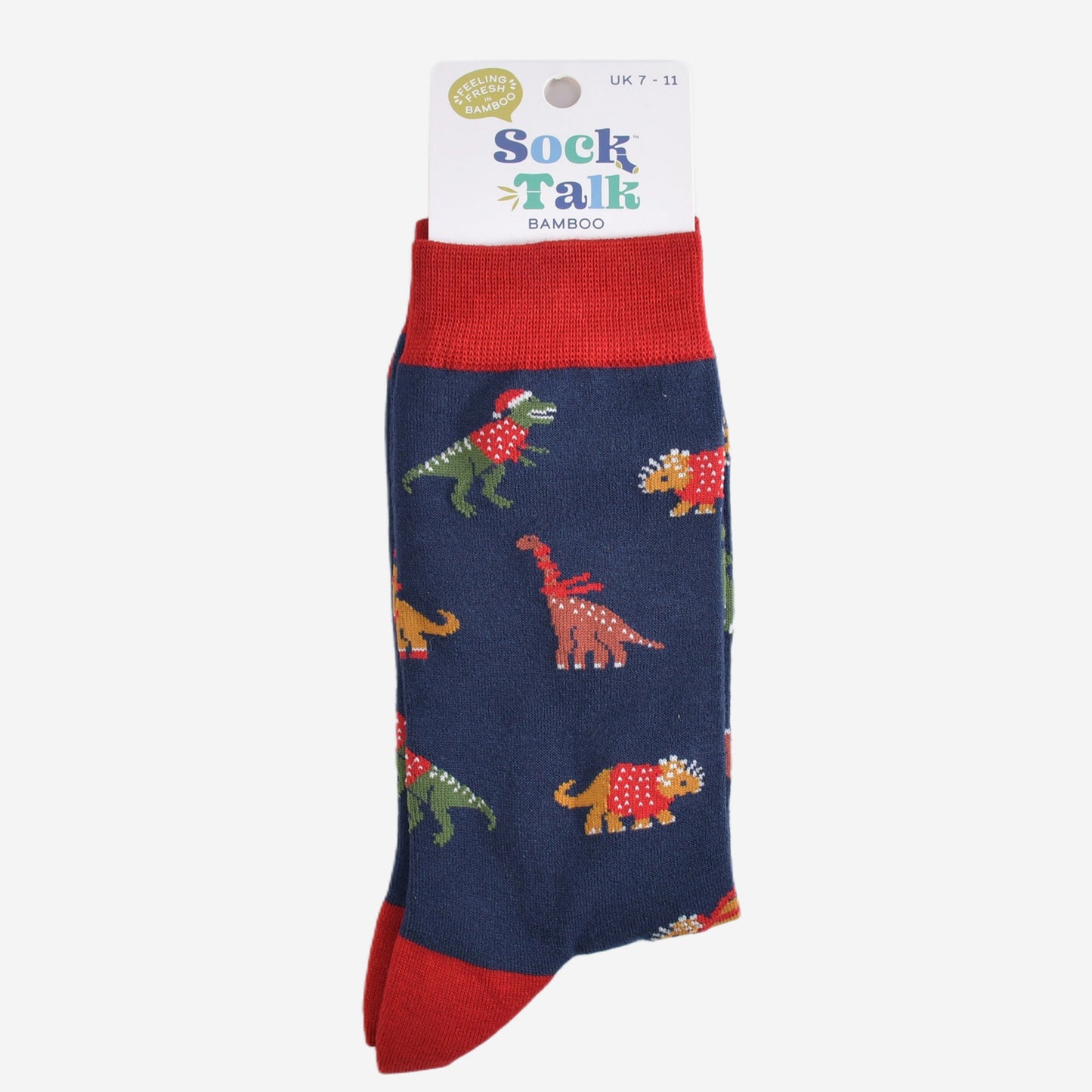 christmas dinosaur bamboo socks in their sock talk packaging, the socks are a uk size 7-11