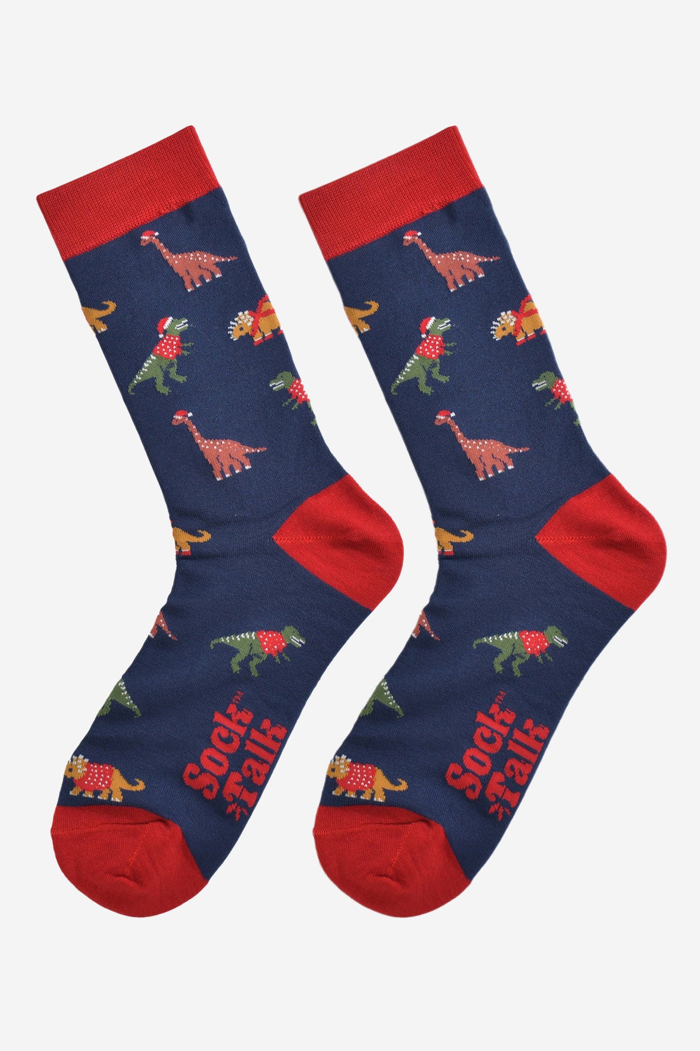 Men's Bamboo Crew Socks Christmas Cracker Gift Box - Navy Blue/Red, Christmas Dinosaurs