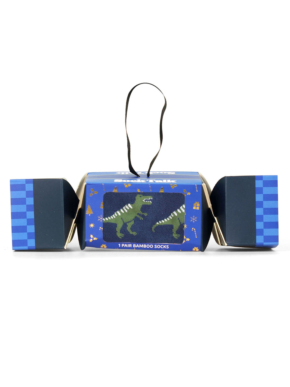 T-Rex-Dinosaur-Bamboo-Crew-Socks-Christmas-Cracker-Gift-Box-in-Navy Blue/Red