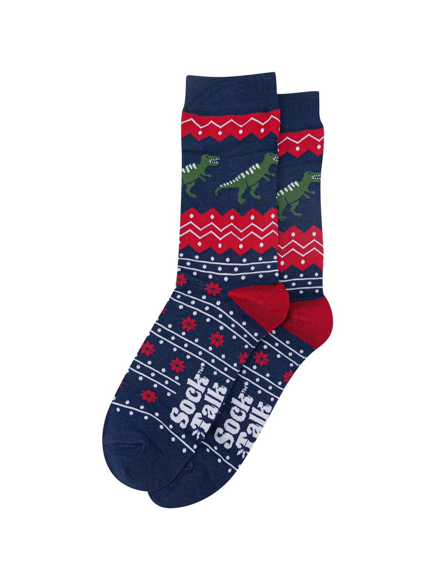 fair isle t-rex socks laying flat, showing an all over navy and red fair isle pattern with green t-rex dinosaurs around the ankles