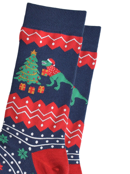 close up of the t-rex and xmas tree desing on the ankle, t-rex is putting gifts under the christmas tree and is holding one in his arms