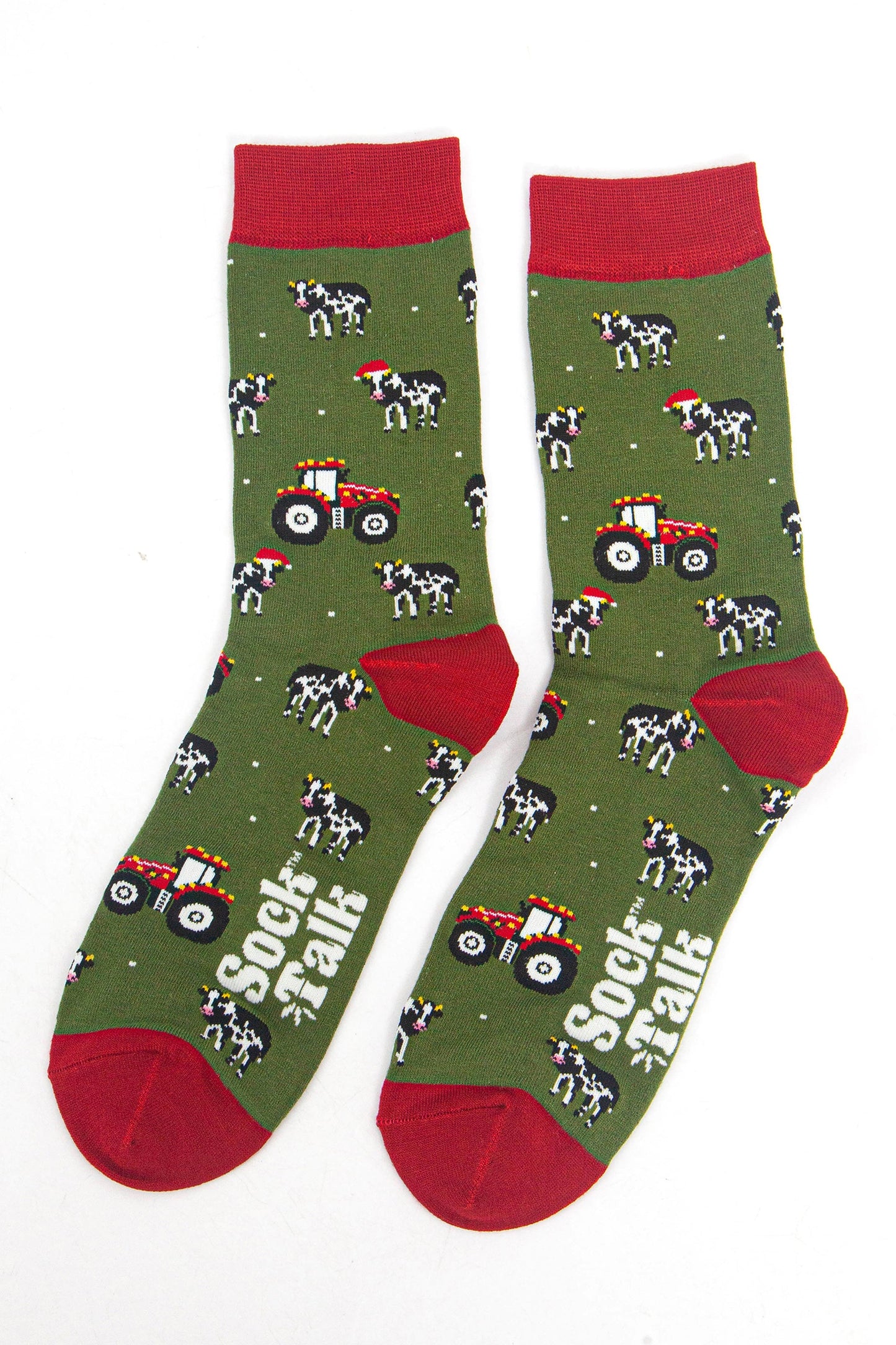 Men's Bamboo Crew Socks Christmas Cracker Gift Box - Green/Red, Christmas Cow and Tractor