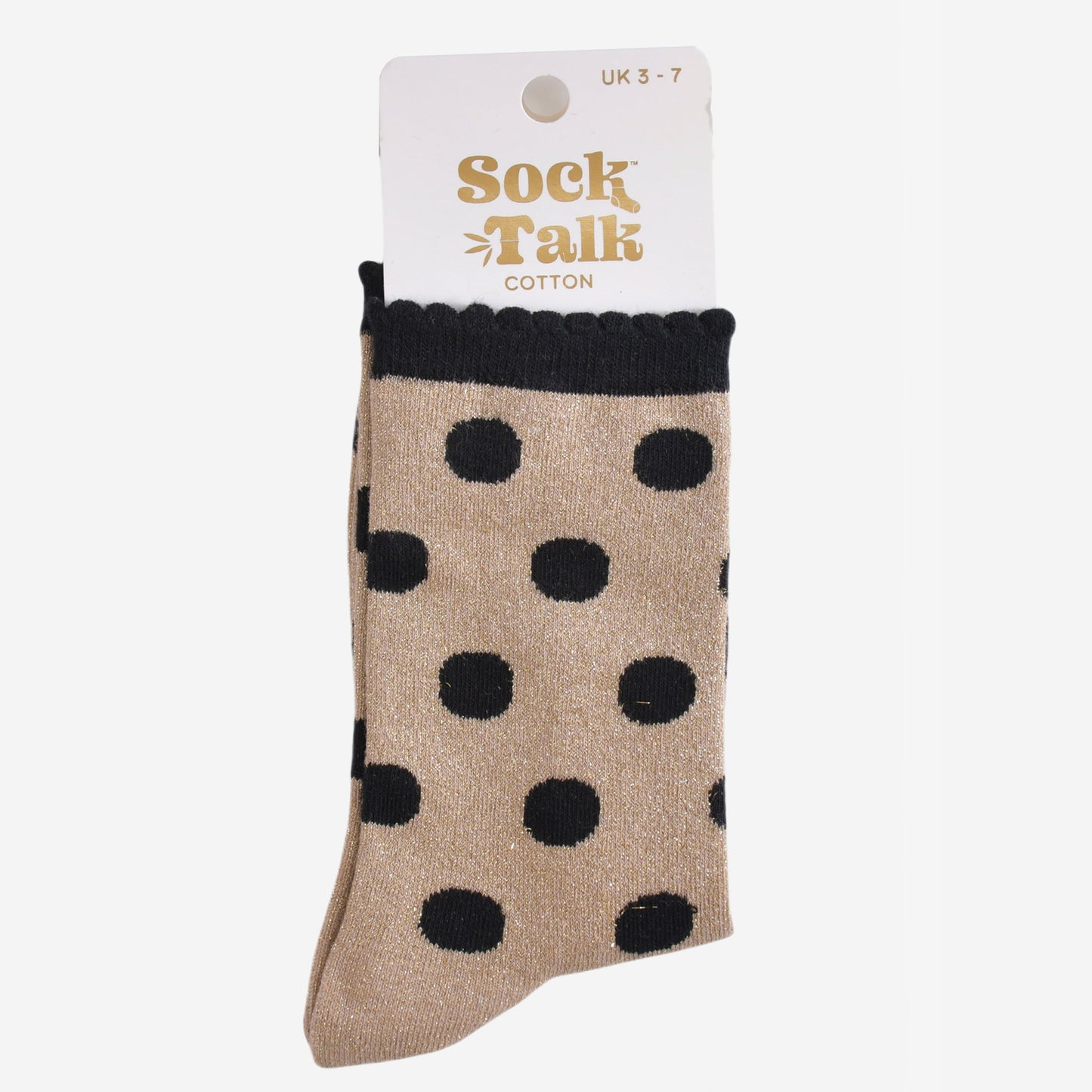 gold and black glitter ankle socks in their sock talk packaging, the socks are a uk size 3-7