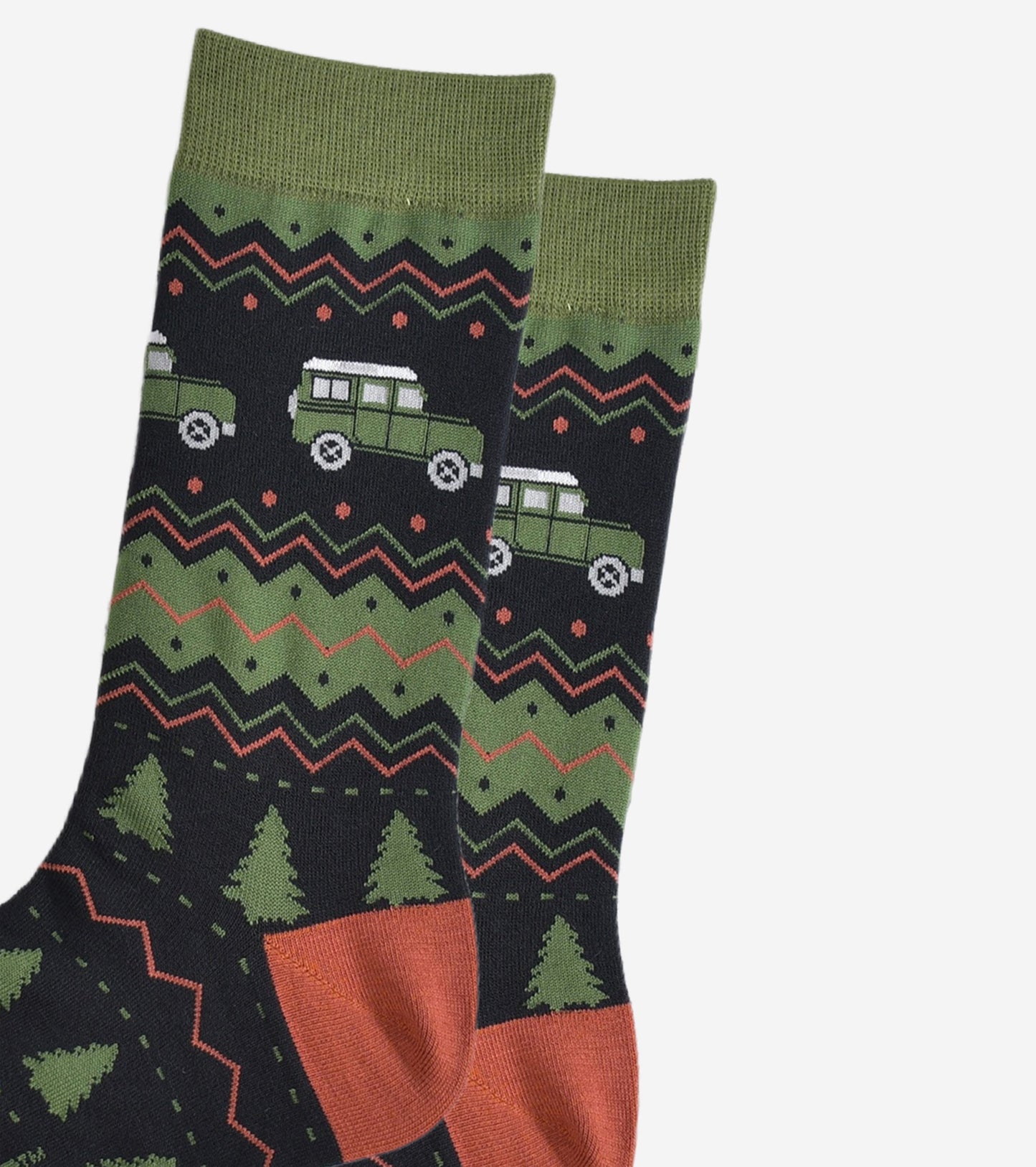 Men's Bamboo Socks - Black/Green, Off Roader Fair Isle