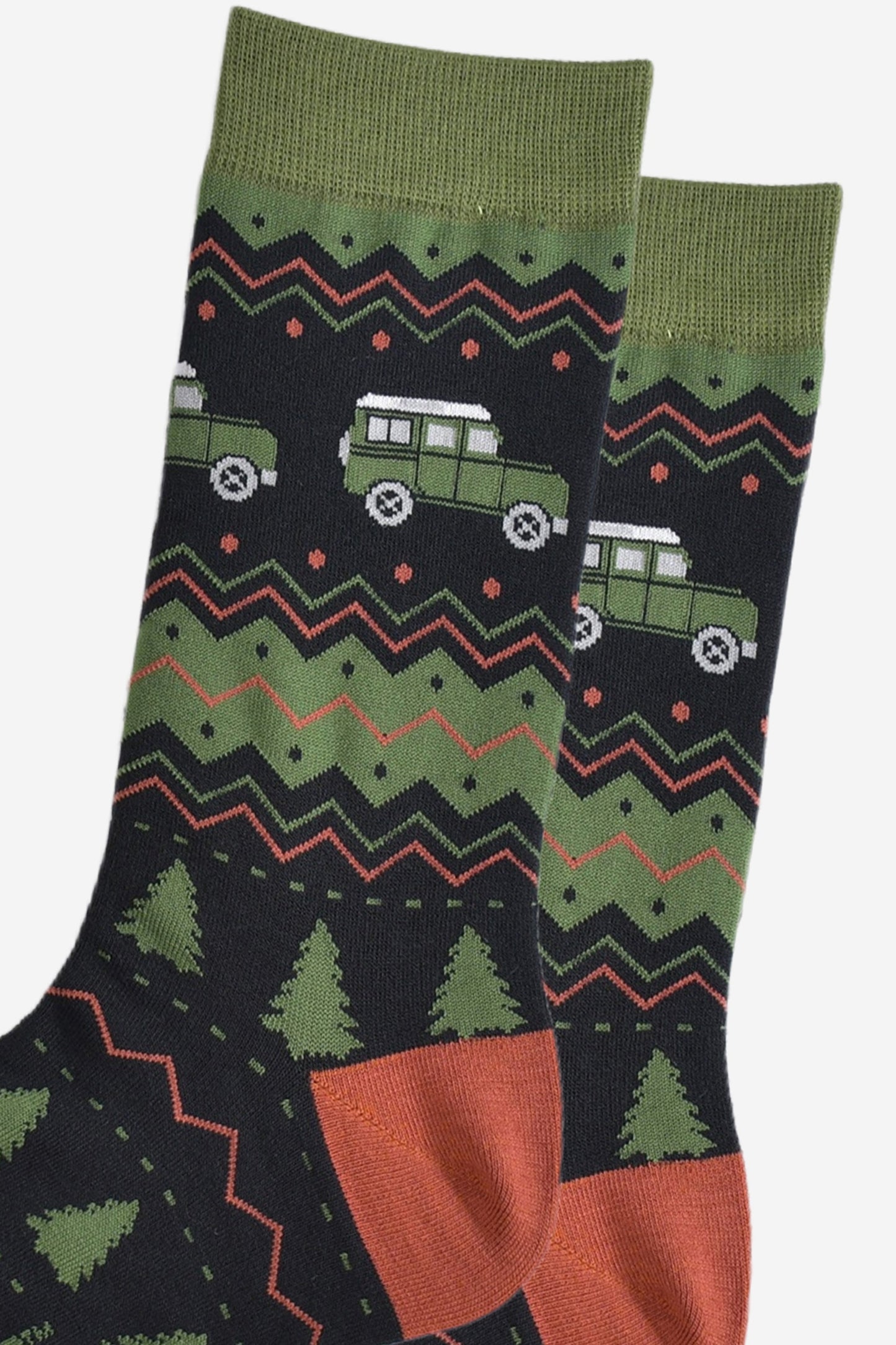 Men's Bamboo Socks - Black/Green, Off Roader Fair Isle