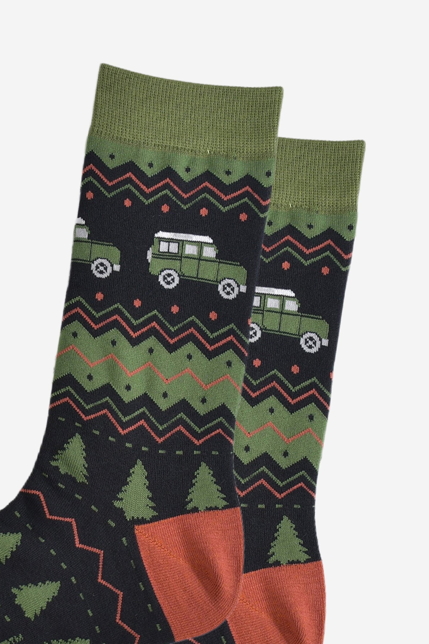 Men's Bamboo Socks - Black/Green, Off Roader Fair Isle