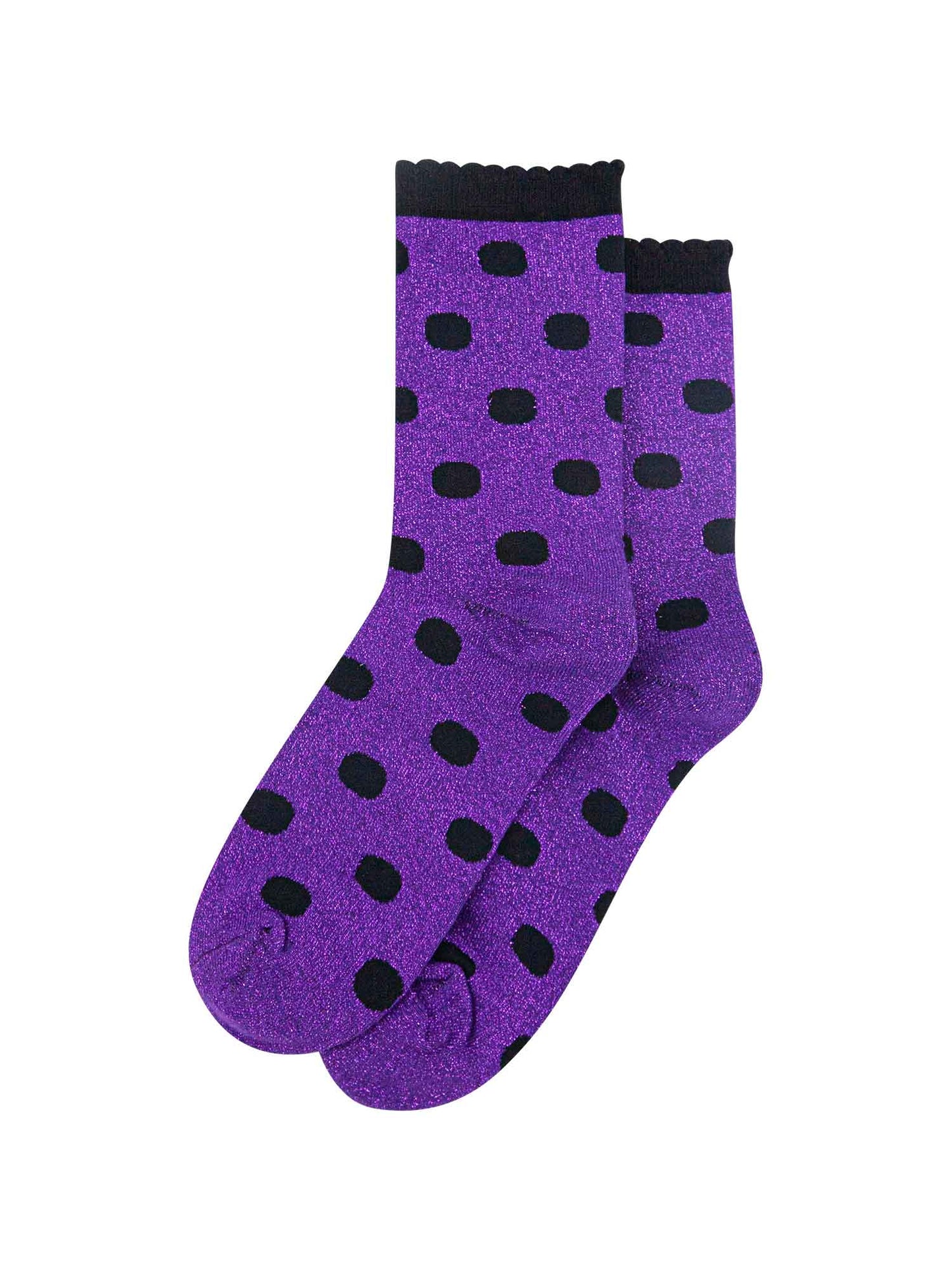 purple ankle socks with an all over black polka dot pattern
