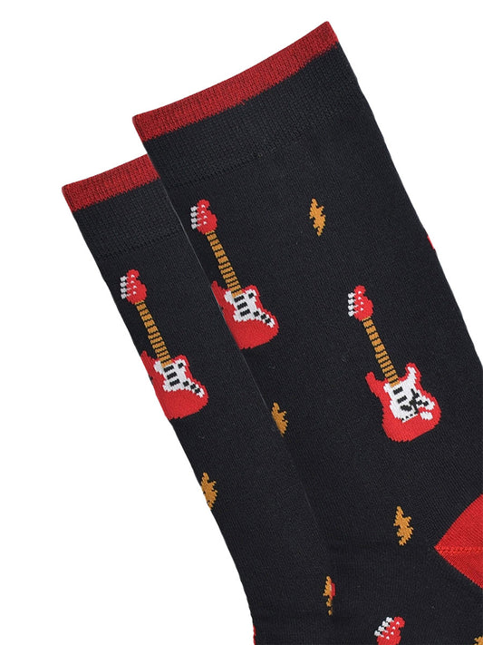 close up of the red electric guitar and lightning bolt pattern on the socks