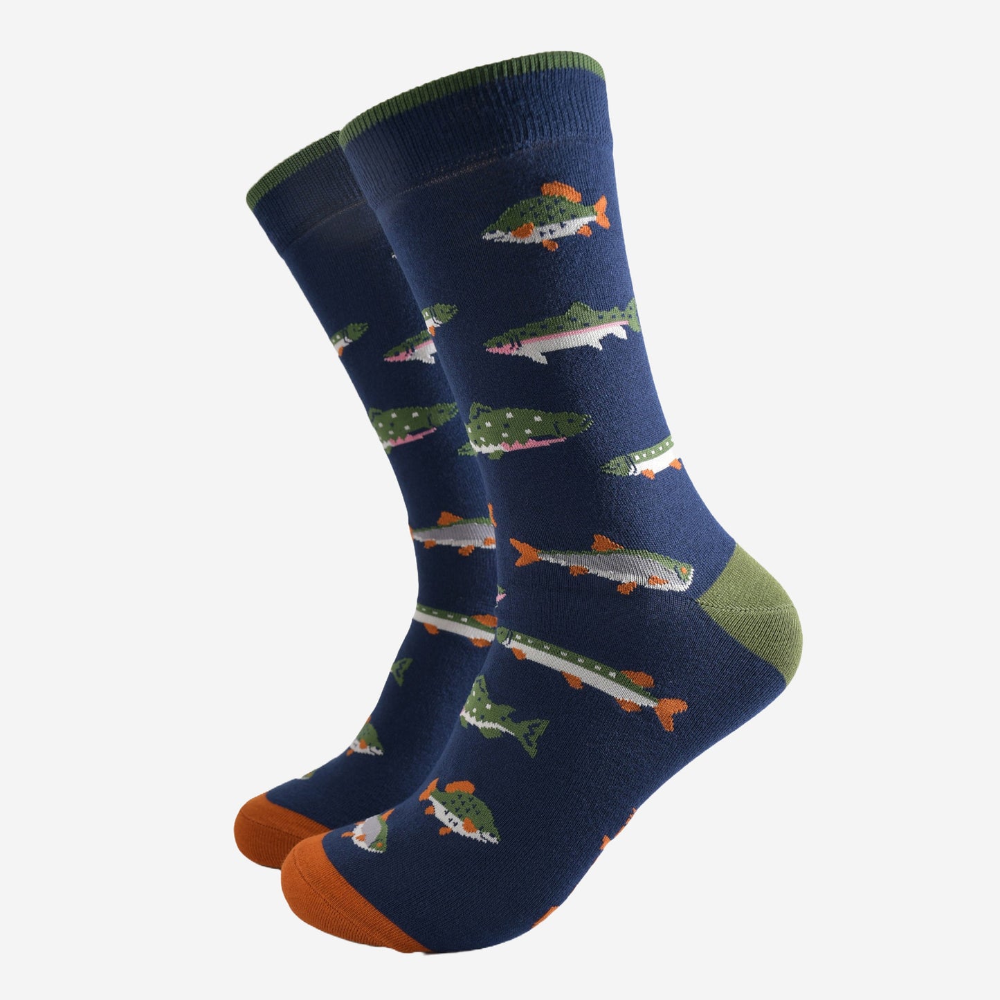 navy blue socks with a pattern of green and grey river fish