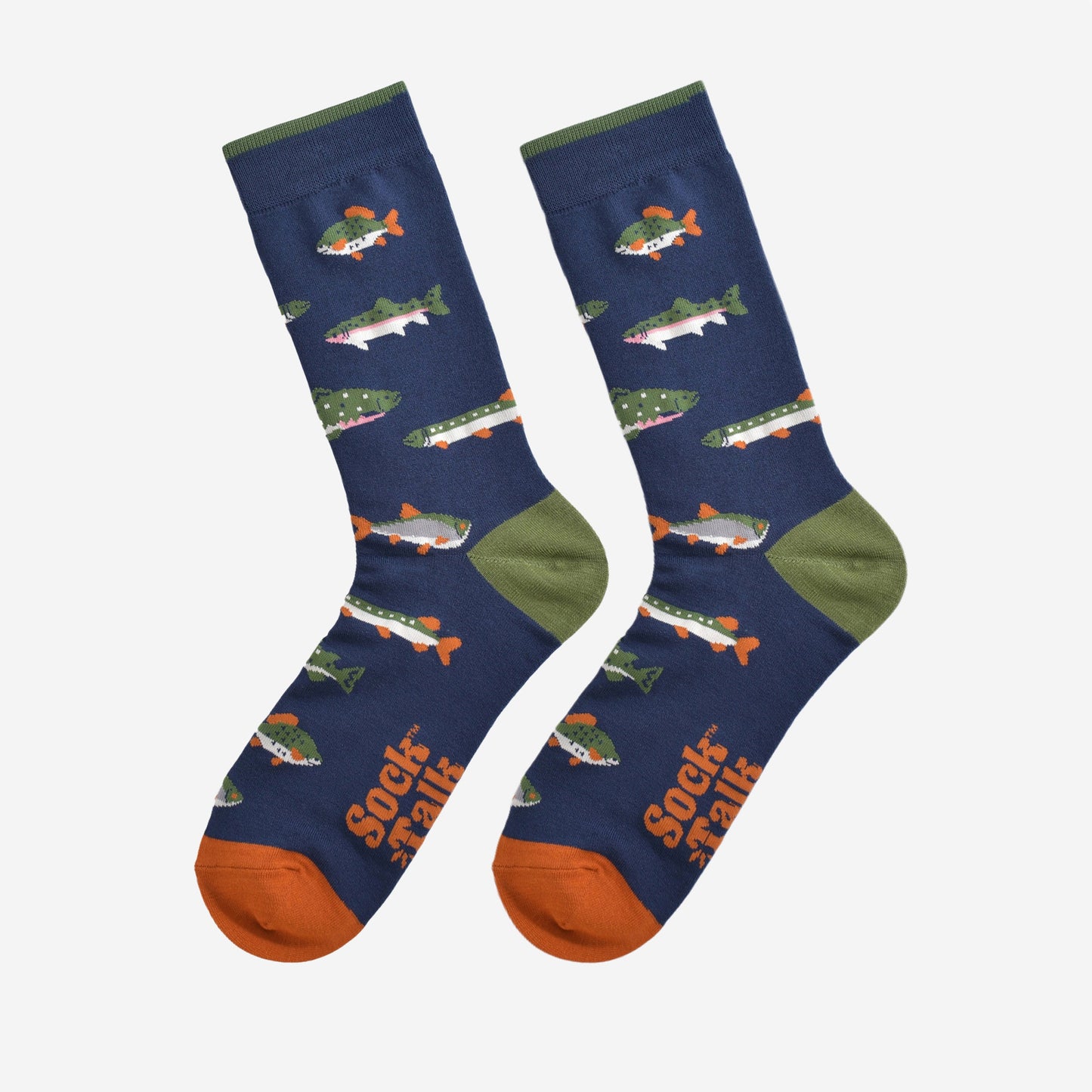 river fish socks laying flat, showing the all over pattern