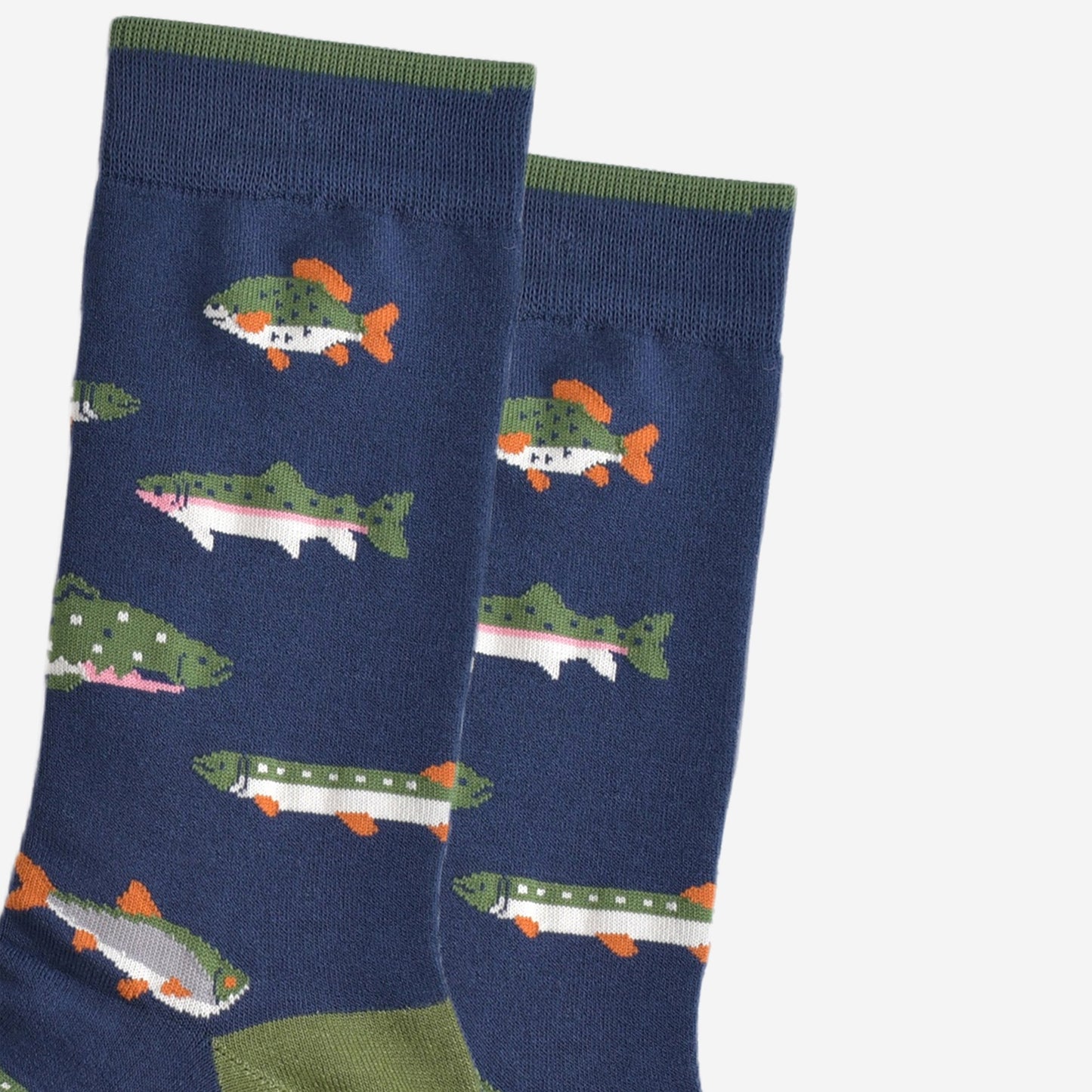close up of the fish pattern on the socks, showing different types of river fish