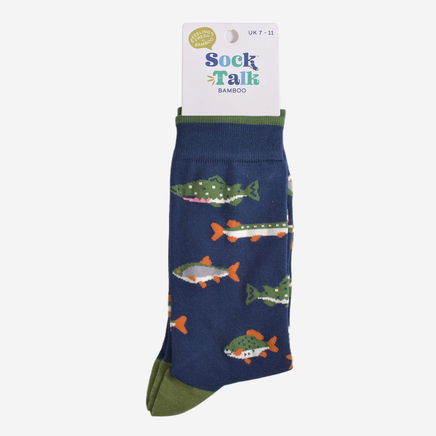 river fish bamboo socks in their sock talk packaging, the socks are a uk size 7-11