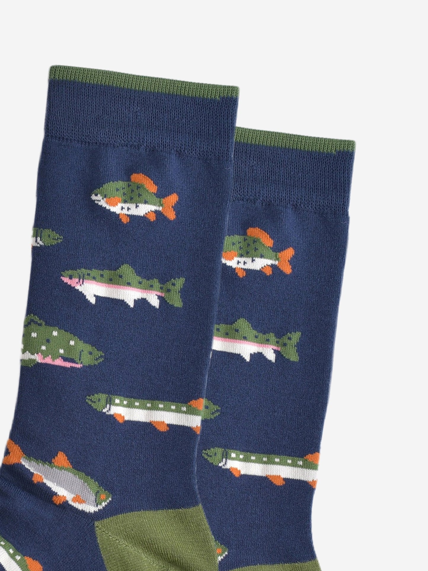 close up of the fish pattern on the socks, showing different types of river fish
