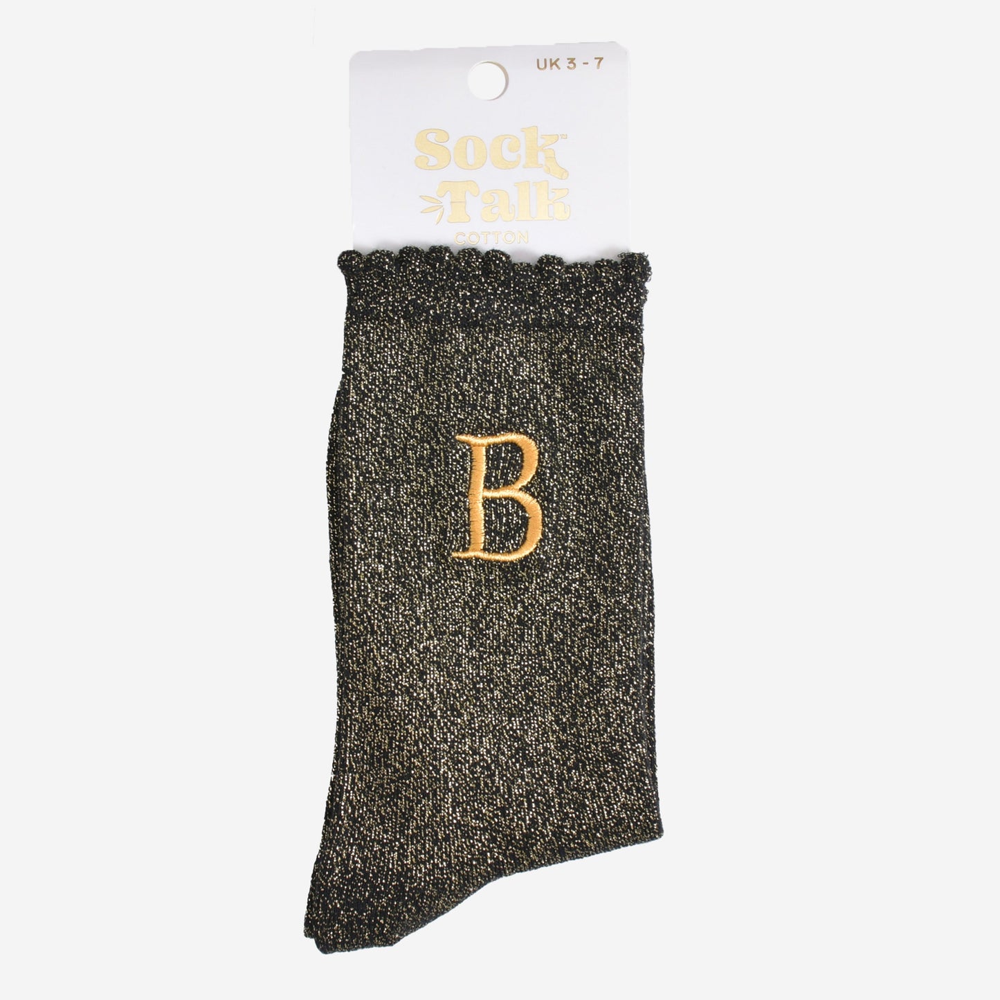 embroidered glitter letter b cotton ankle socks in their sock talk packaging, the socks are a uk size 3-7