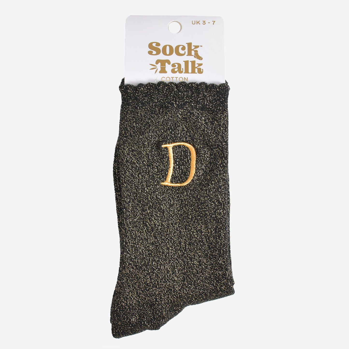 embroidered glitter letter d cotton ankle socks in their sock talk packaging, the socks are a uk size 3-7