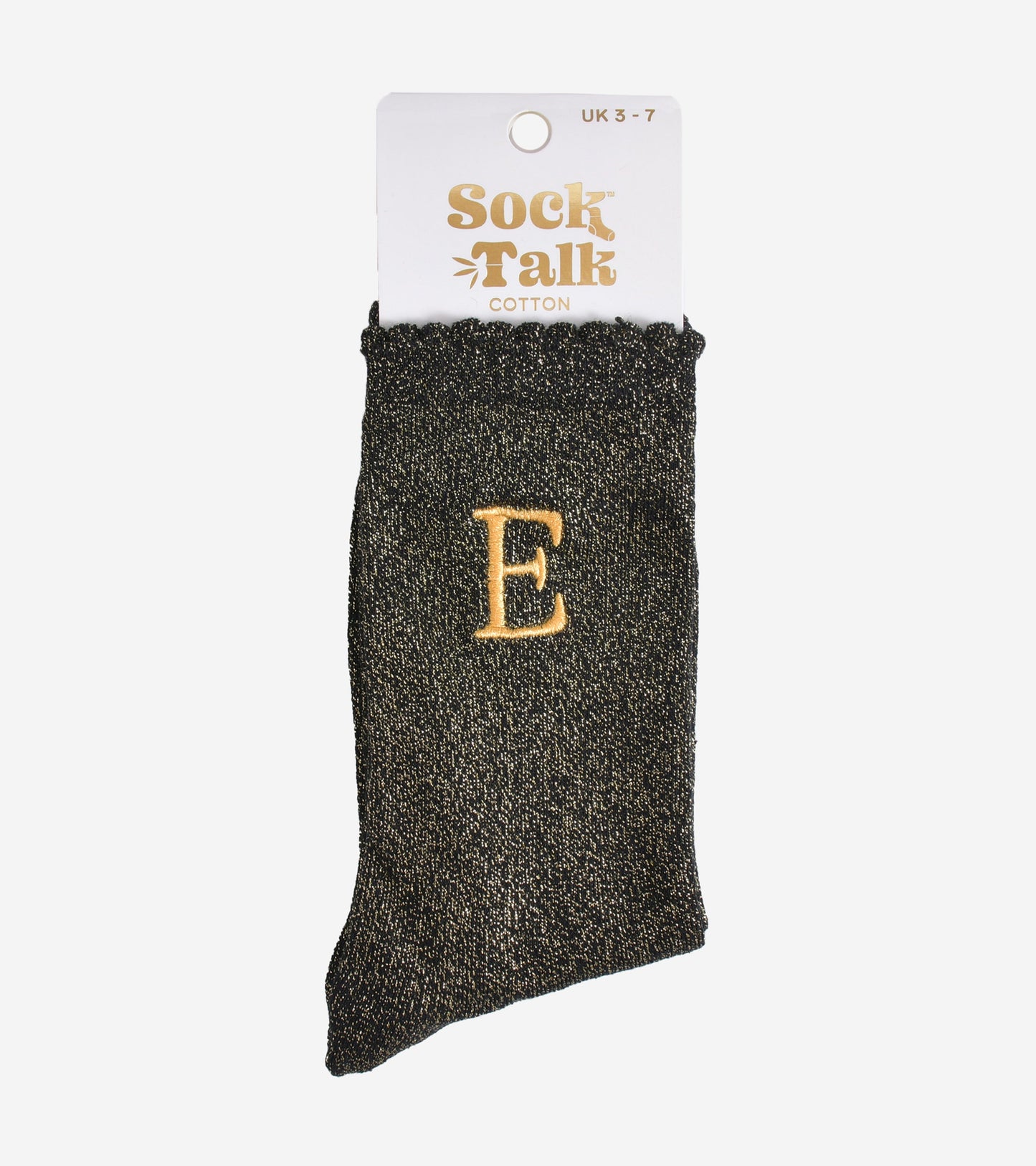 embroidered glitter letter e cotton ankle socks in their sock talk packaging, the socks are a uk size 3-7