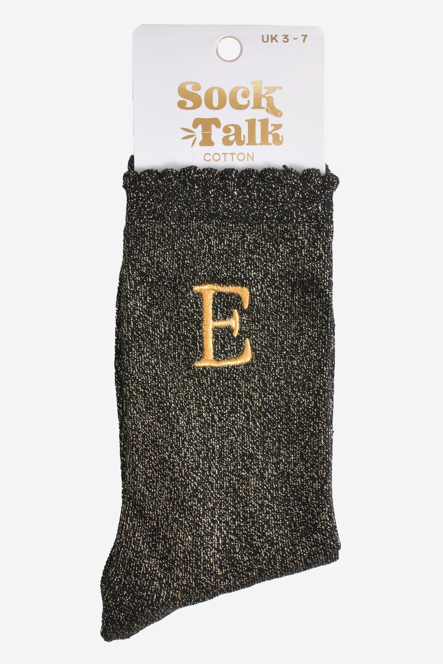 embroidered glitter letter e cotton ankle socks in their sock talk packaging, the socks are a uk size 3-7