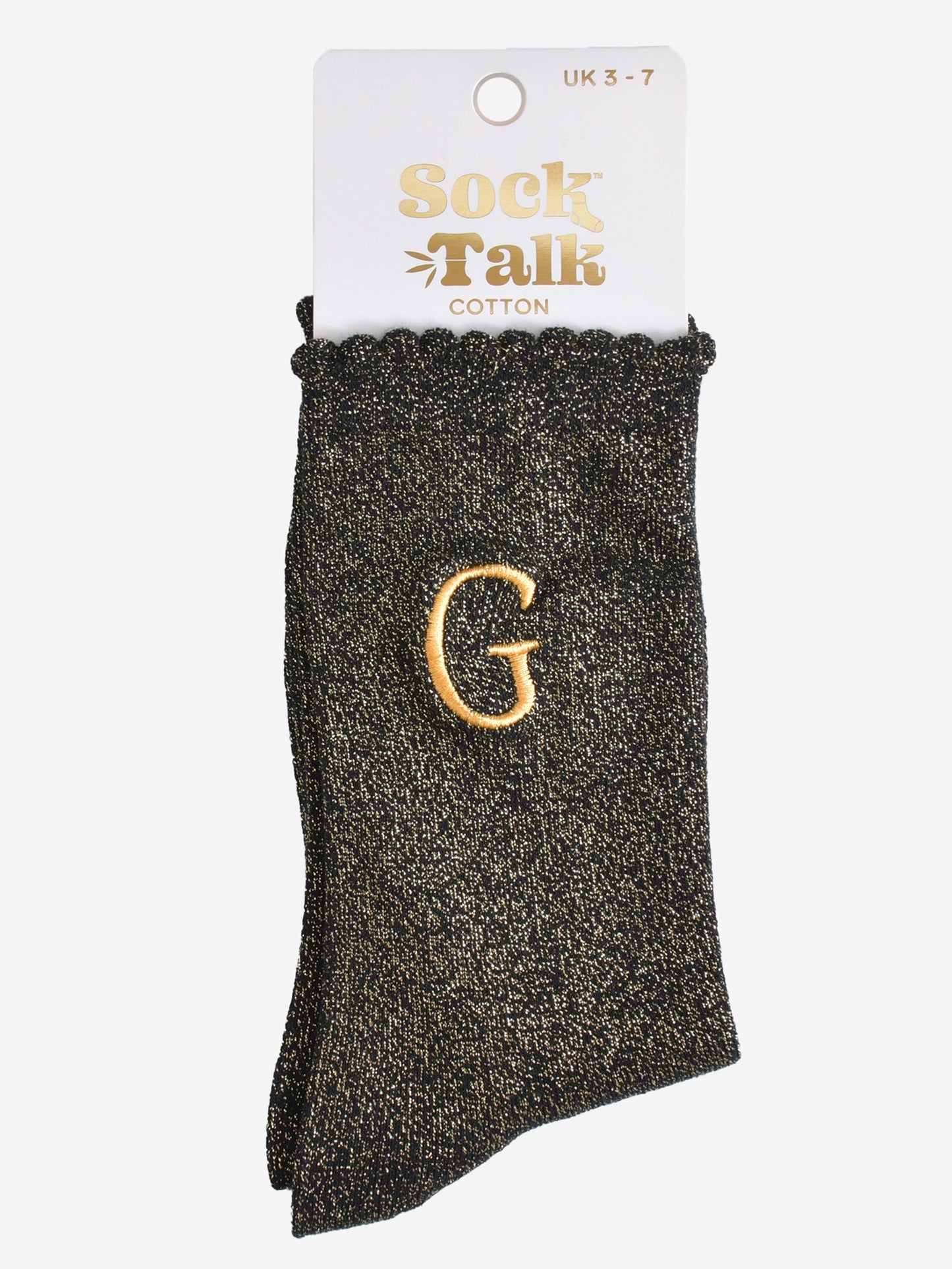 embroidered glitter letter g cotton ankle socks in their sock talk packaging, the socks are a uk size 3-7