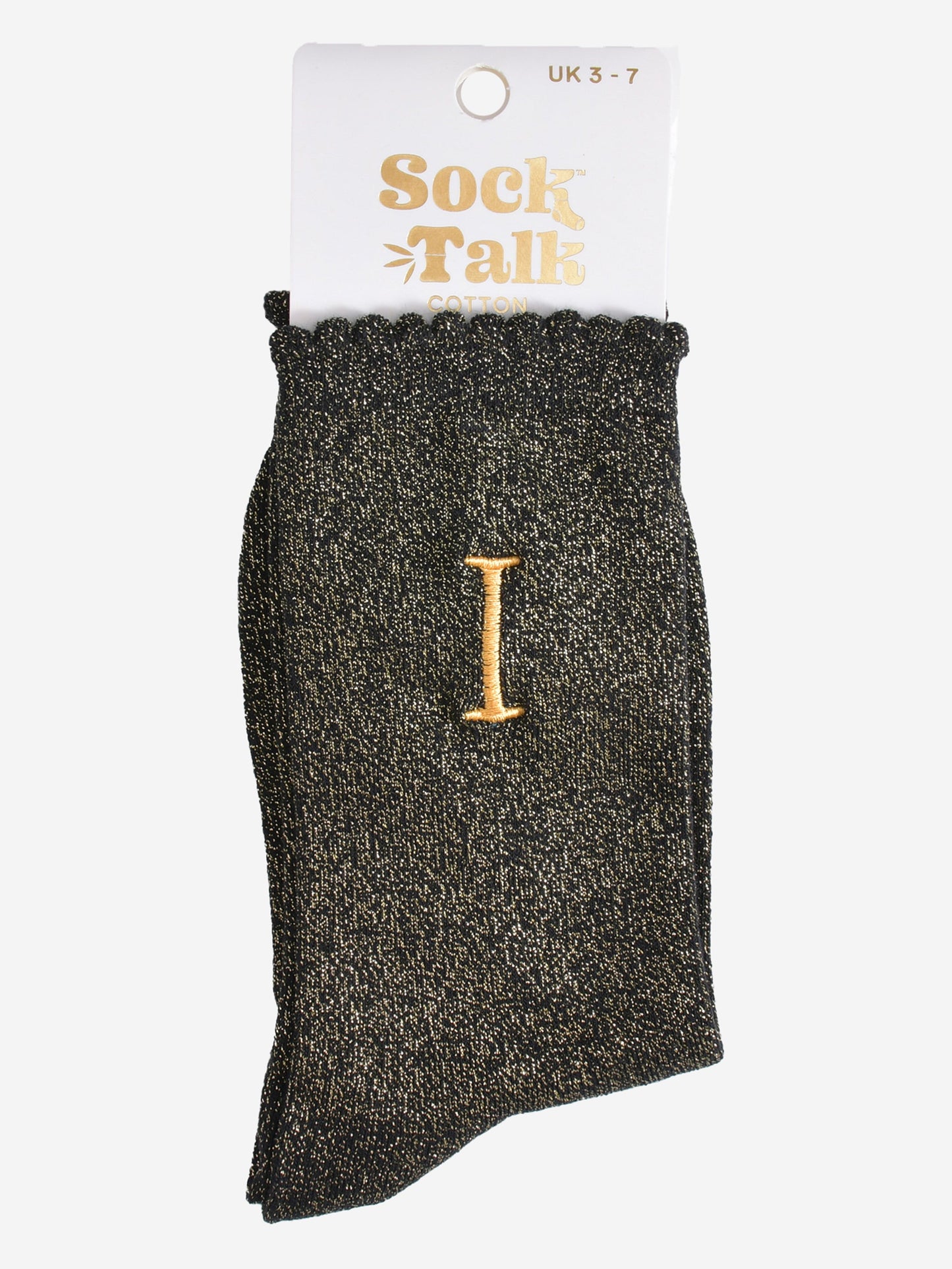 embroidered glitter letter i cotton ankle socks in their sock talk packaging, the socks are a uk size 3-7