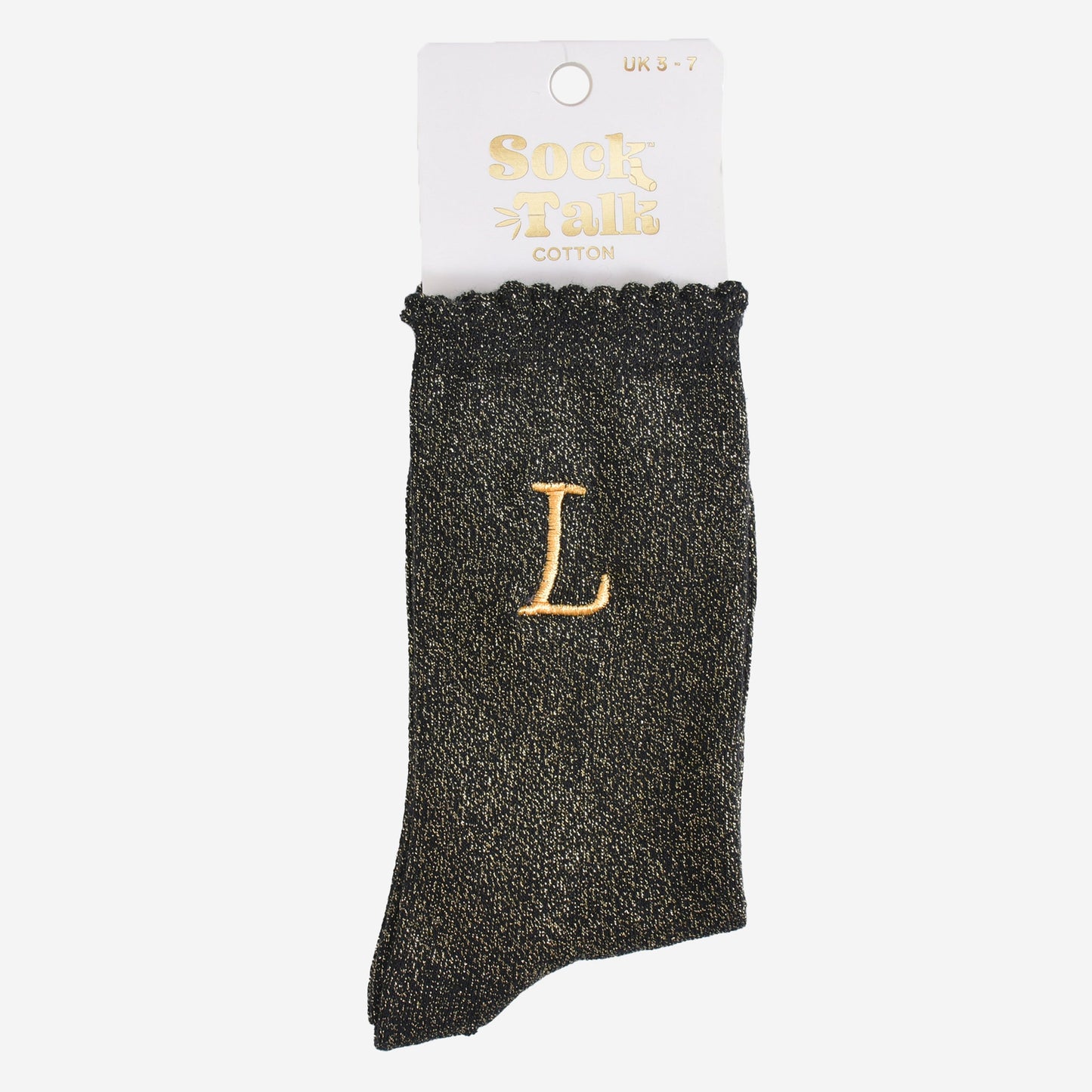 embroidered glitter letter l cotton ankle socks in their sock talk packaging, the socks are a uk size 3-7