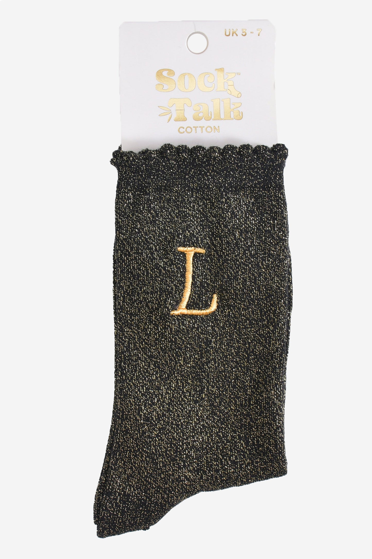 embroidered glitter letter l cotton ankle socks in their sock talk packaging, the socks are a uk size 3-7