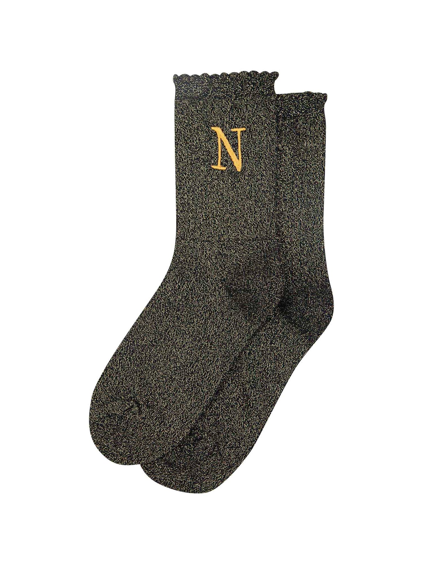 showing the glitter socks laying flat, they have a scalloped cuff and an all over gold sparkle