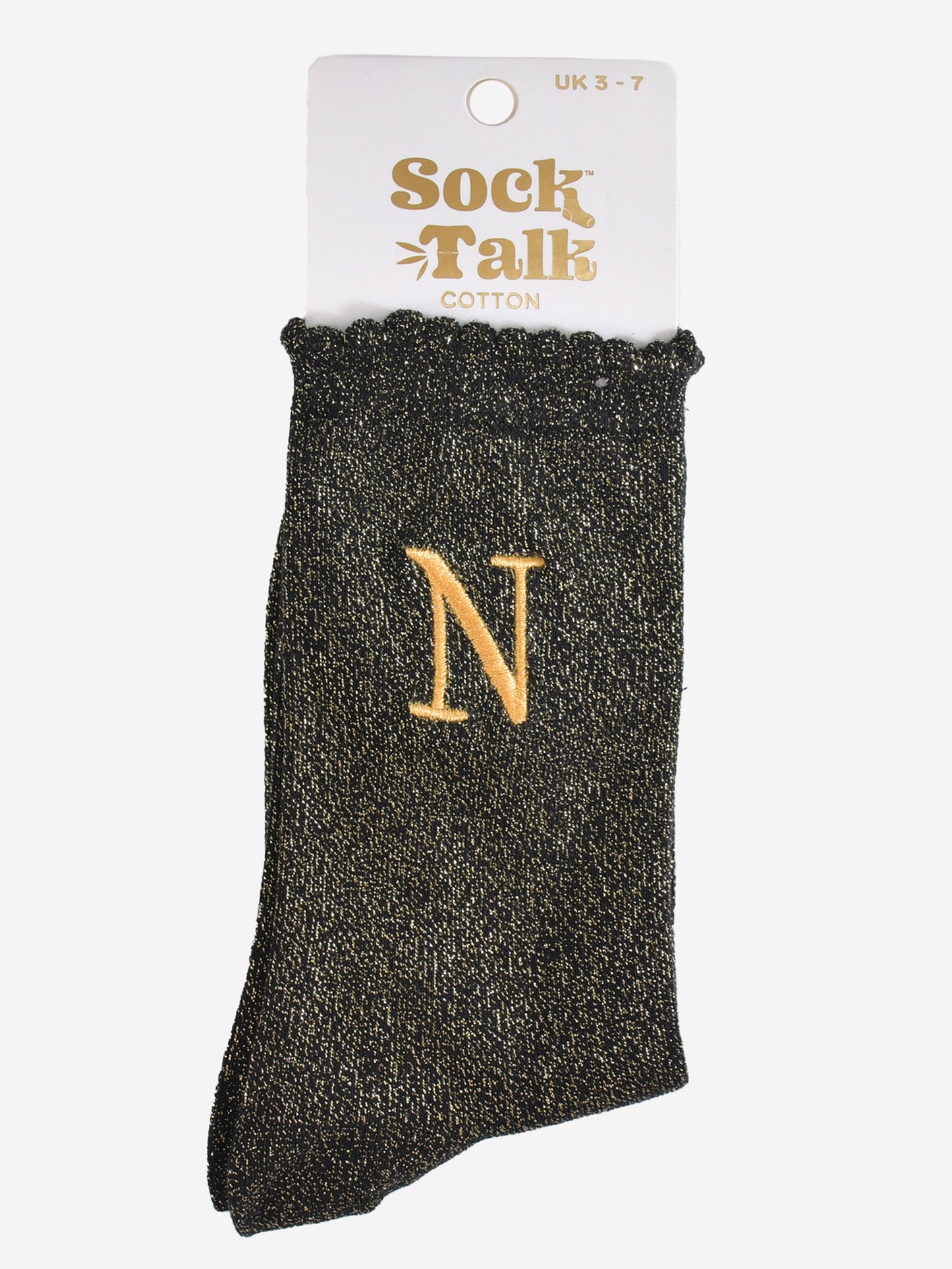 embroidered glitter letter n cotton ankle socks in their sock talk packaging, the socks are a uk size 3-7