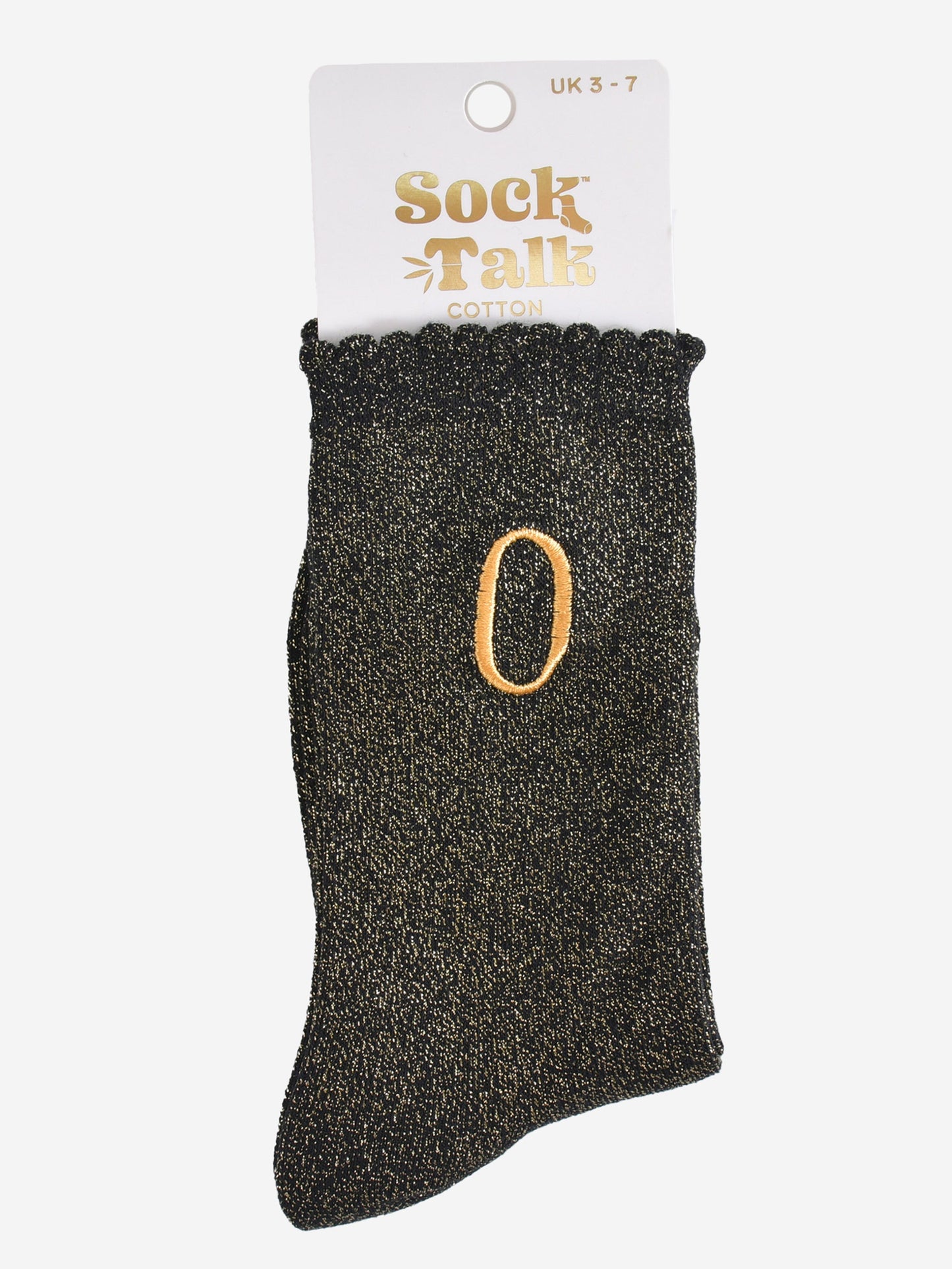embroidered glitter letter o cotton ankle socks in their sock talk packaging, the socks are a uk size 3-7