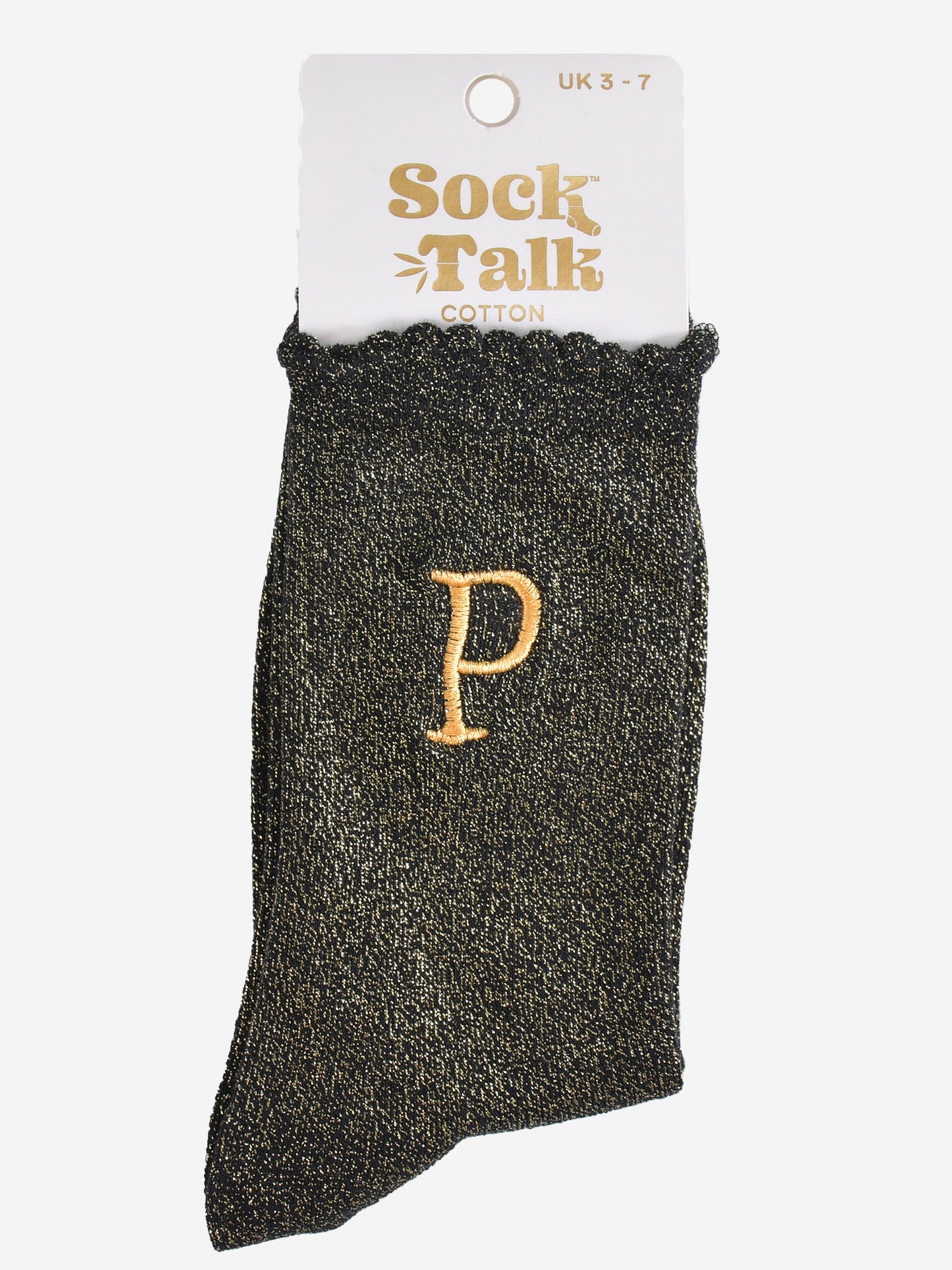 embroidered glitter letter p cotton ankle socks in their sock talk packaging, the socks are a uk size 3-7